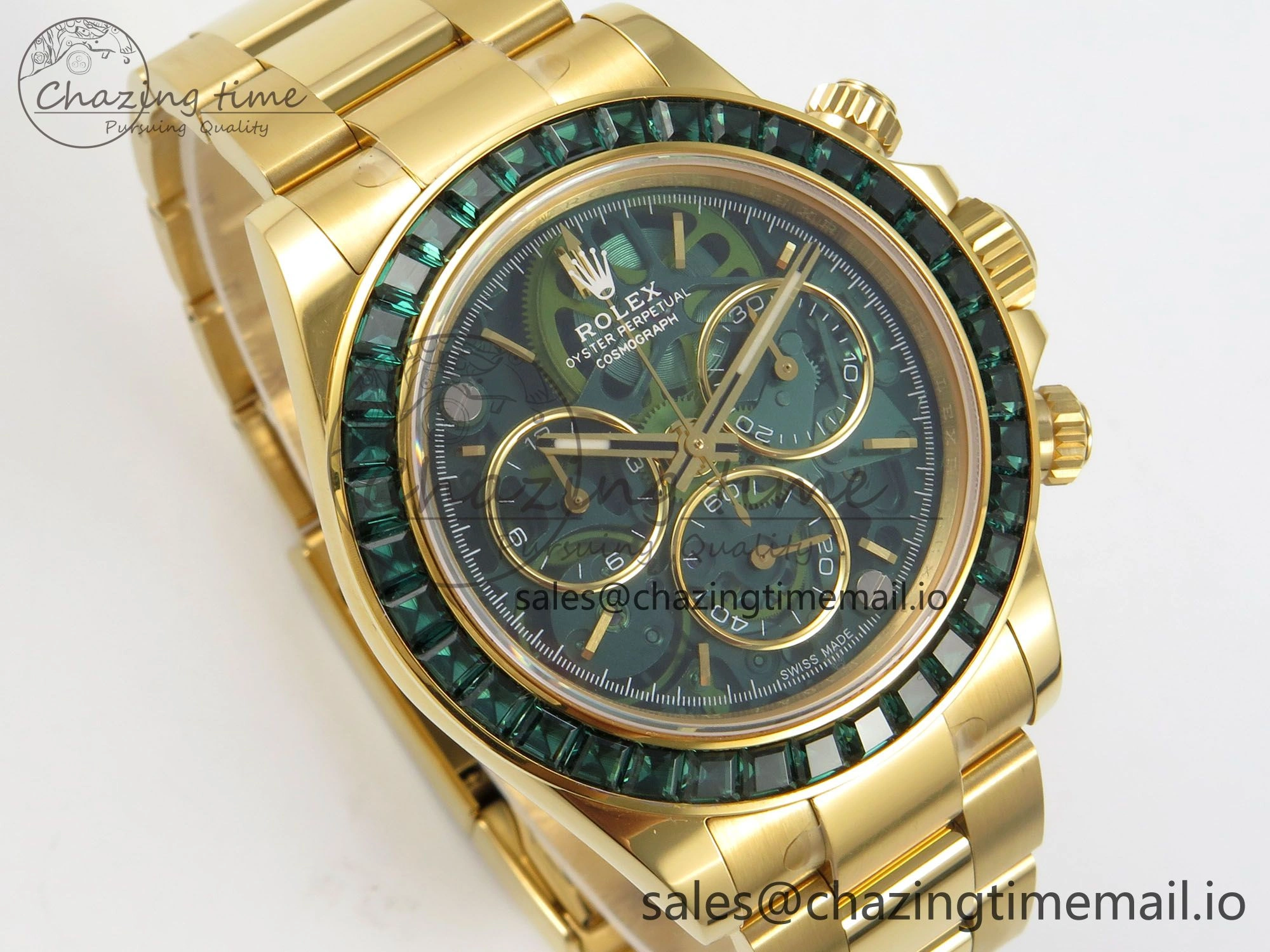 Custom Modded Daytona 40mm MPF Skeleton Dial Green Crystals Bezel on YG Bracelet SA Efficient 310