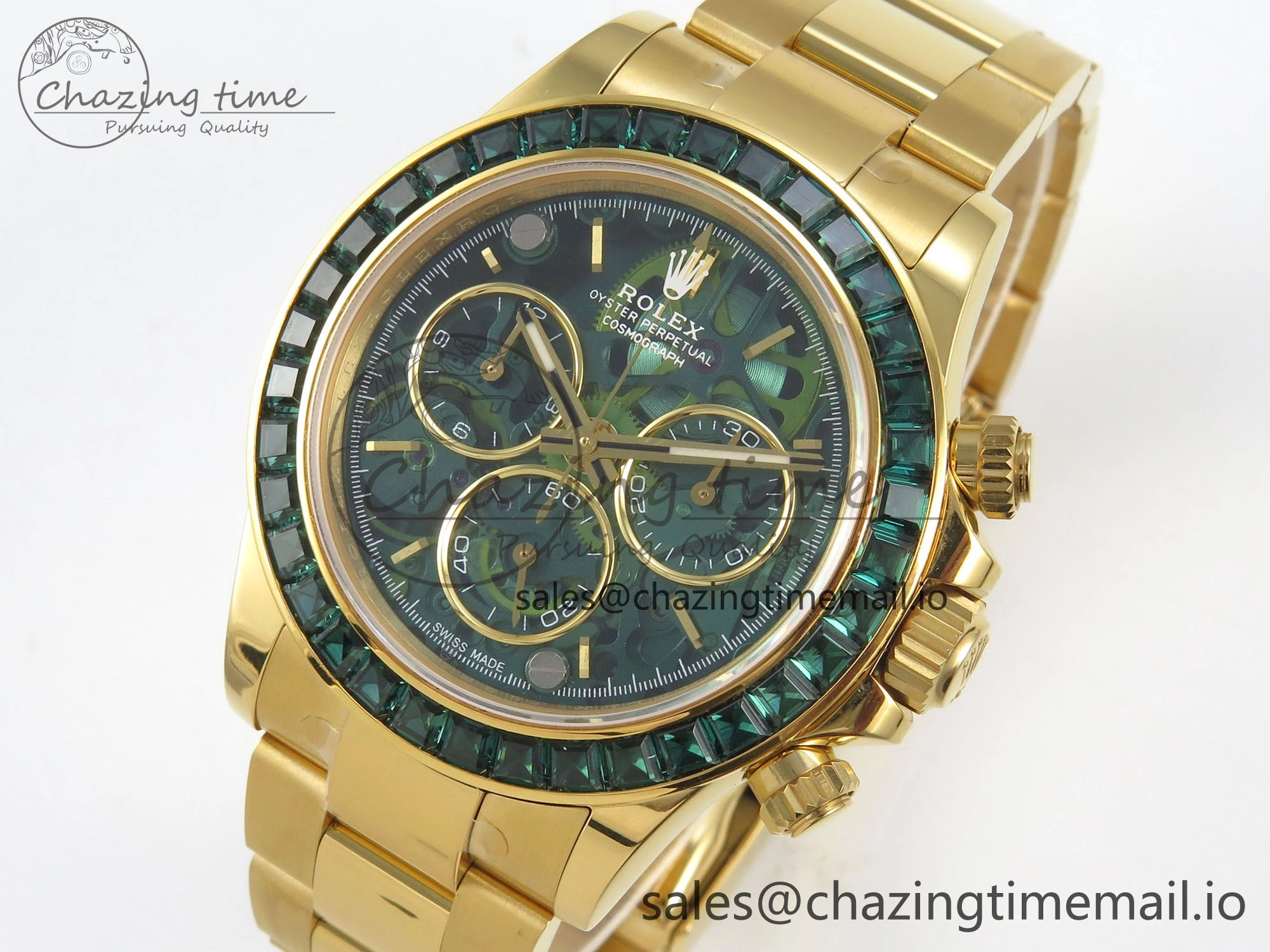Custom Modded Daytona 40mm MPF Skeleton Dial Green Crystals Bezel on YG Bracelet SA Efficient 310