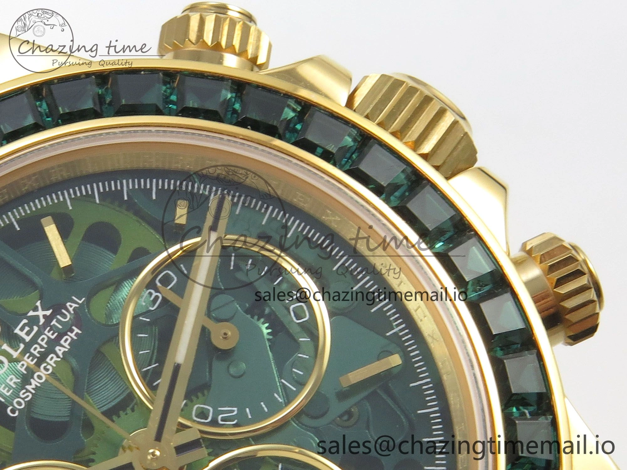 Custom Modded Daytona 40mm MPF Skeleton Dial Green Crystals Bezel on YG Bracelet SA Efficient 310