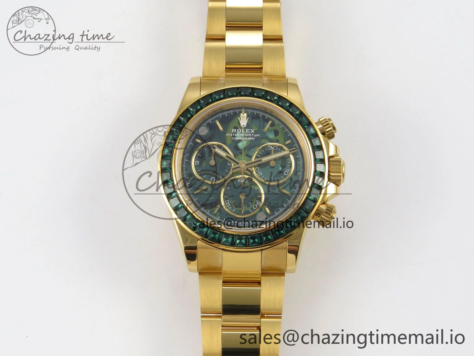 Custom Modded Daytona 40mm MPF Skeleton Dial Green Crystals Bezel on YG Bracelet SA Efficient 310