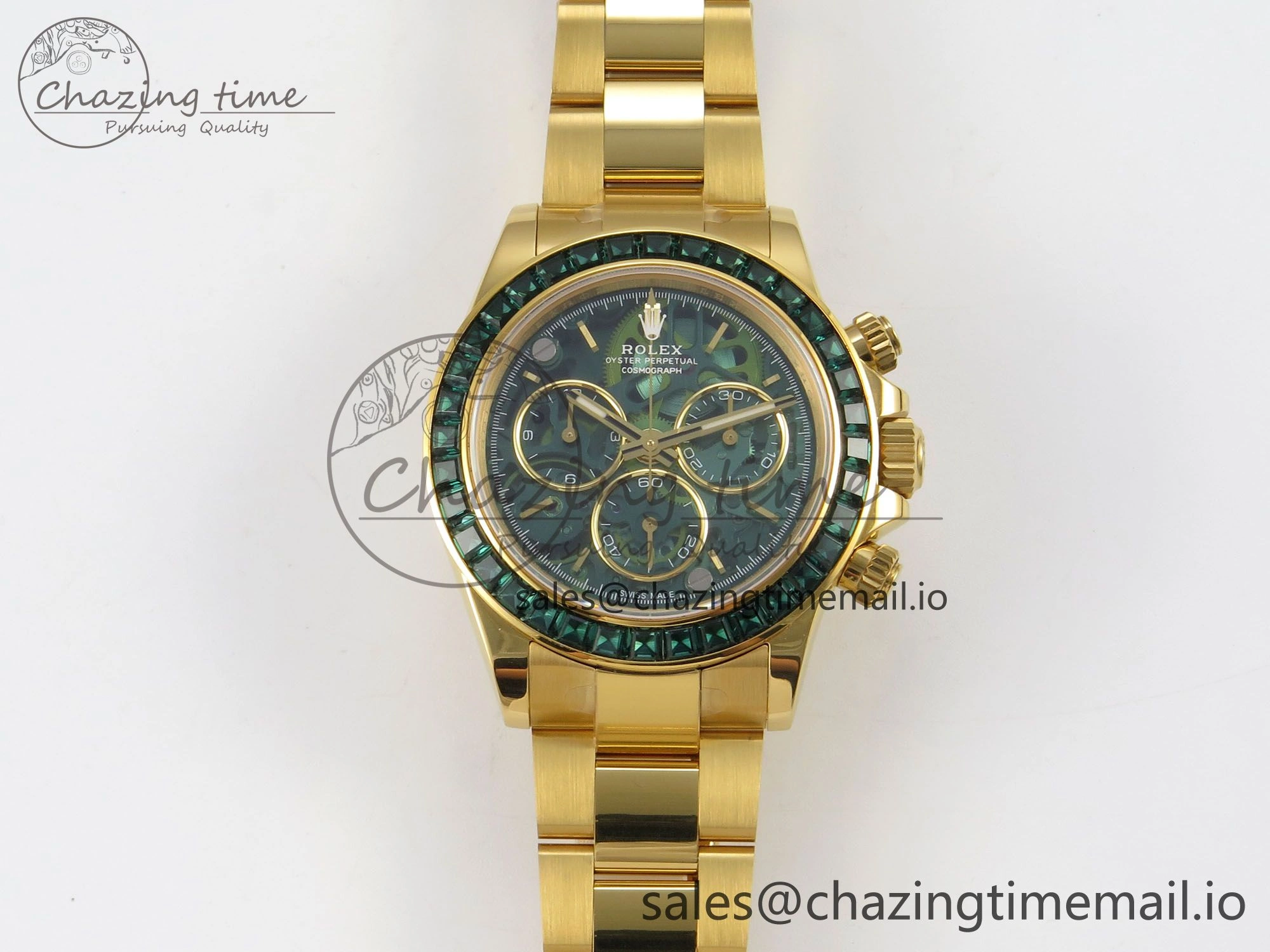 Custom Modded Daytona 40mm MPF Skeleton Dial Green Crystals Bezel on YG Bracelet SA Efficient 310