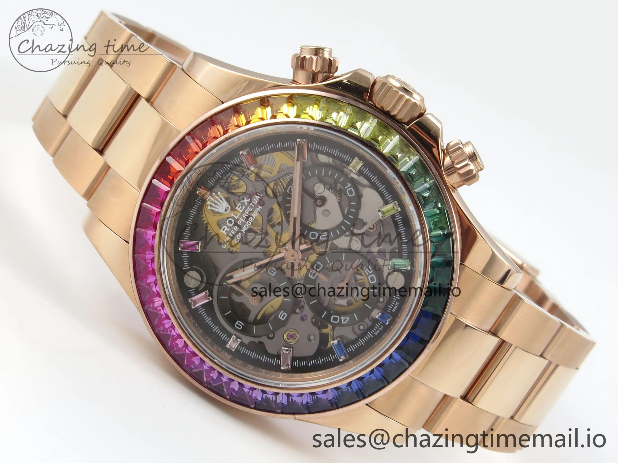 Supportive Custom Modded Daytona 40mm MPF Skeleton Dial Rainbow Crystals Bezel on RG Bracelet SA 311