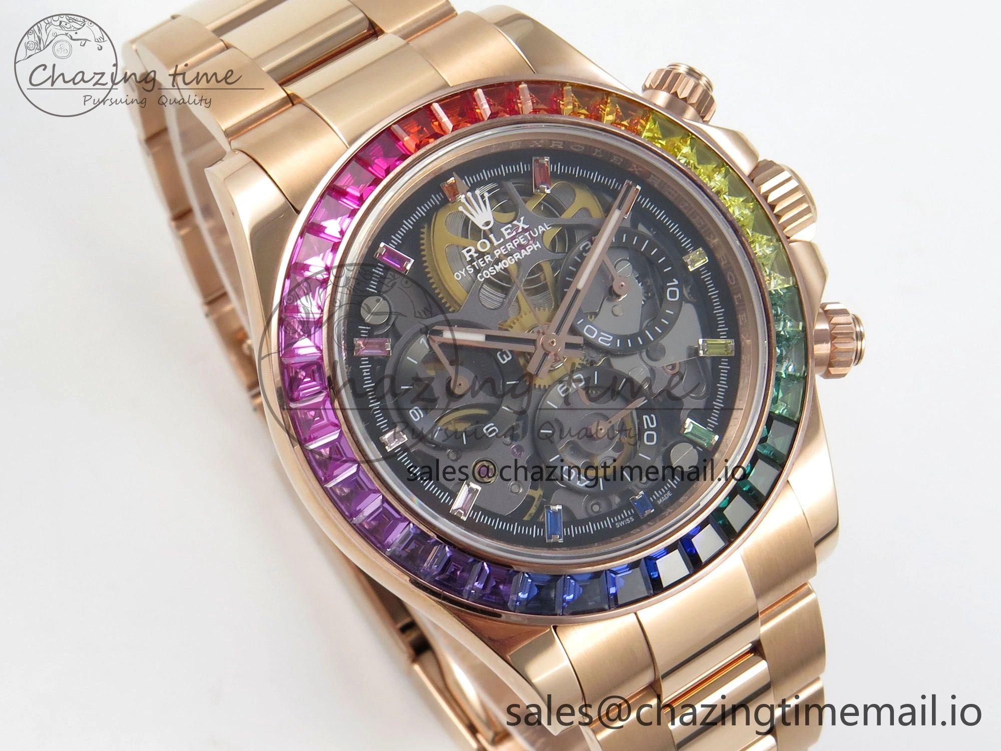 Supportive Custom Modded Daytona 40mm MPF Skeleton Dial Rainbow Crystals Bezel on RG Bracelet SA 311
