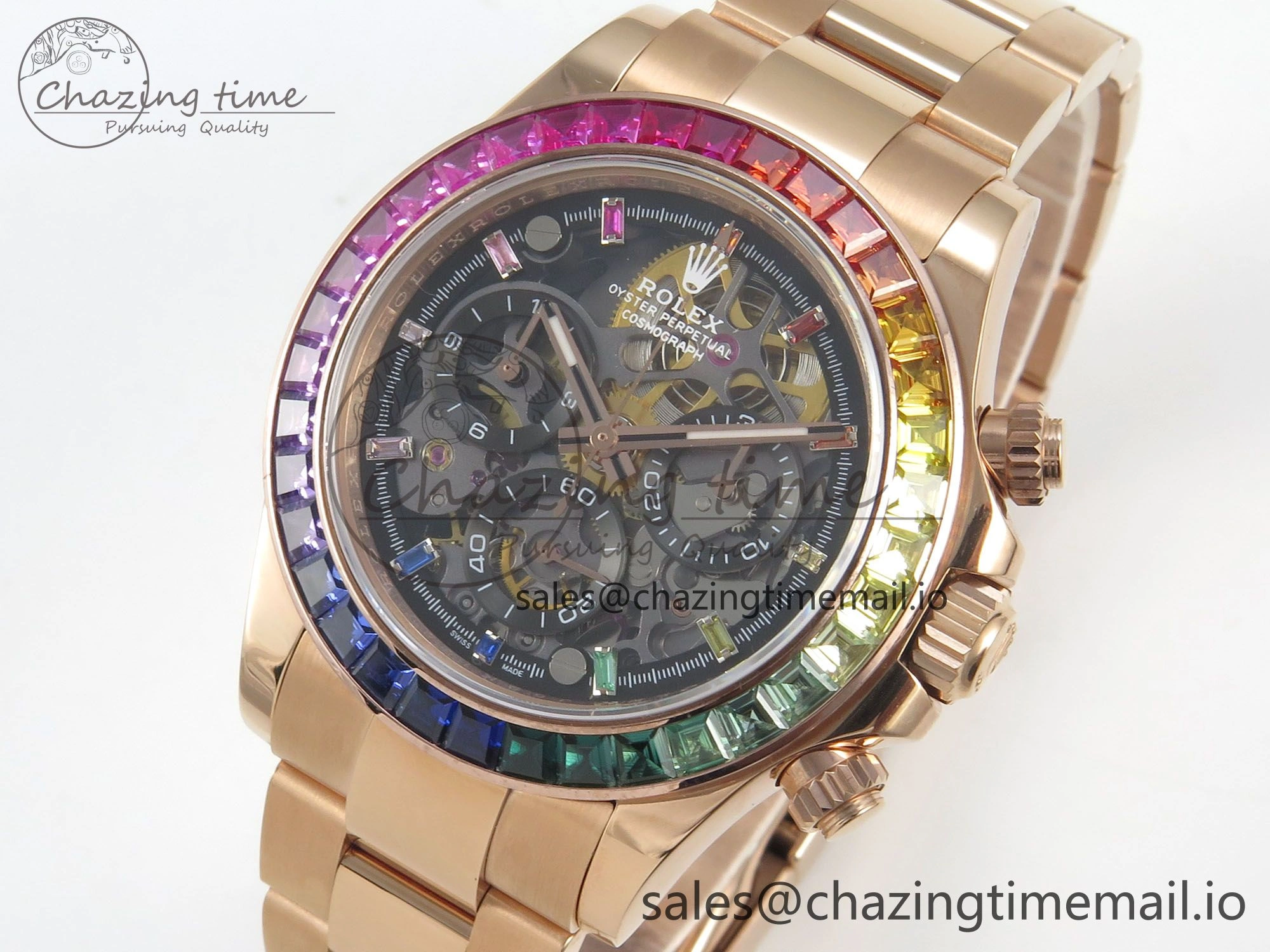 Supportive Custom Modded Daytona 40mm MPF Skeleton Dial Rainbow Crystals Bezel on RG Bracelet SA 311