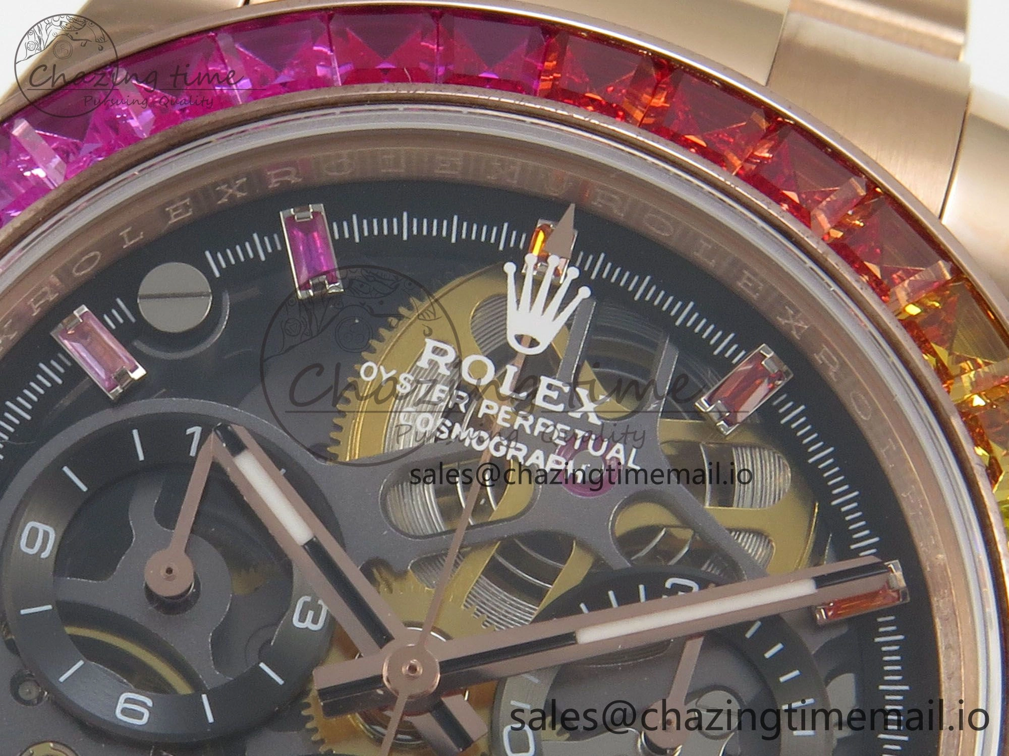 Supportive Custom Modded Daytona 40mm MPF Skeleton Dial Rainbow Crystals Bezel on RG Bracelet SA 311