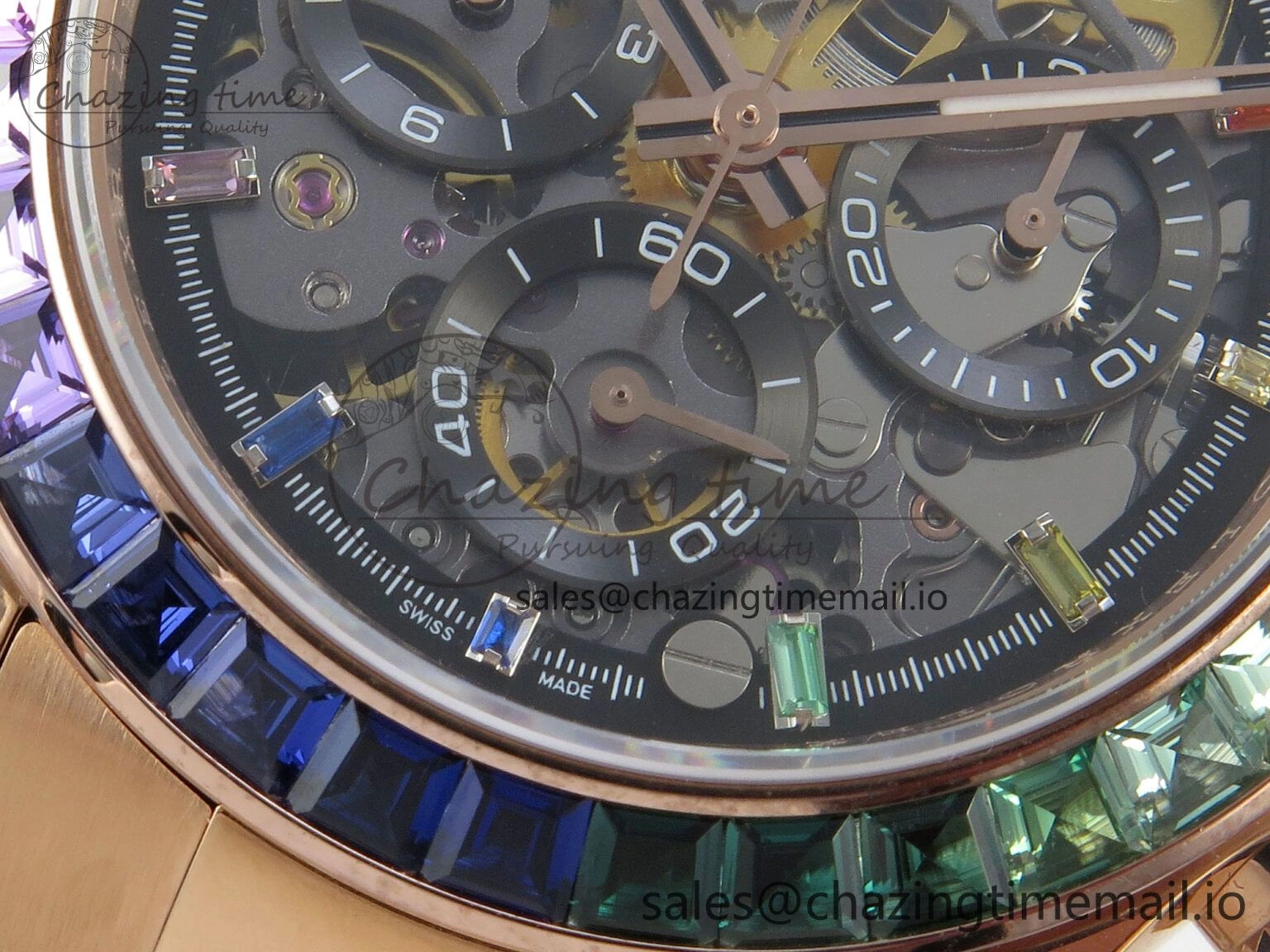 Supportive Custom Modded Daytona 40mm MPF Skeleton Dial Rainbow Crystals Bezel on RG Bracelet SA 311