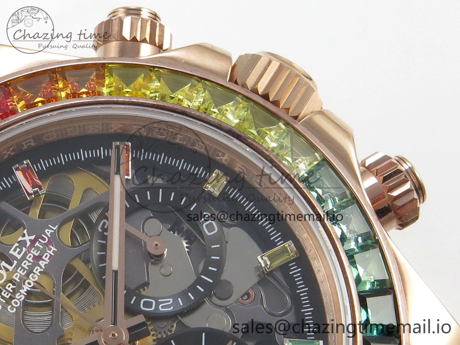 Supportive Custom Modded Daytona 40mm MPF Skeleton Dial Rainbow Crystals Bezel on RG Bracelet SA 311
