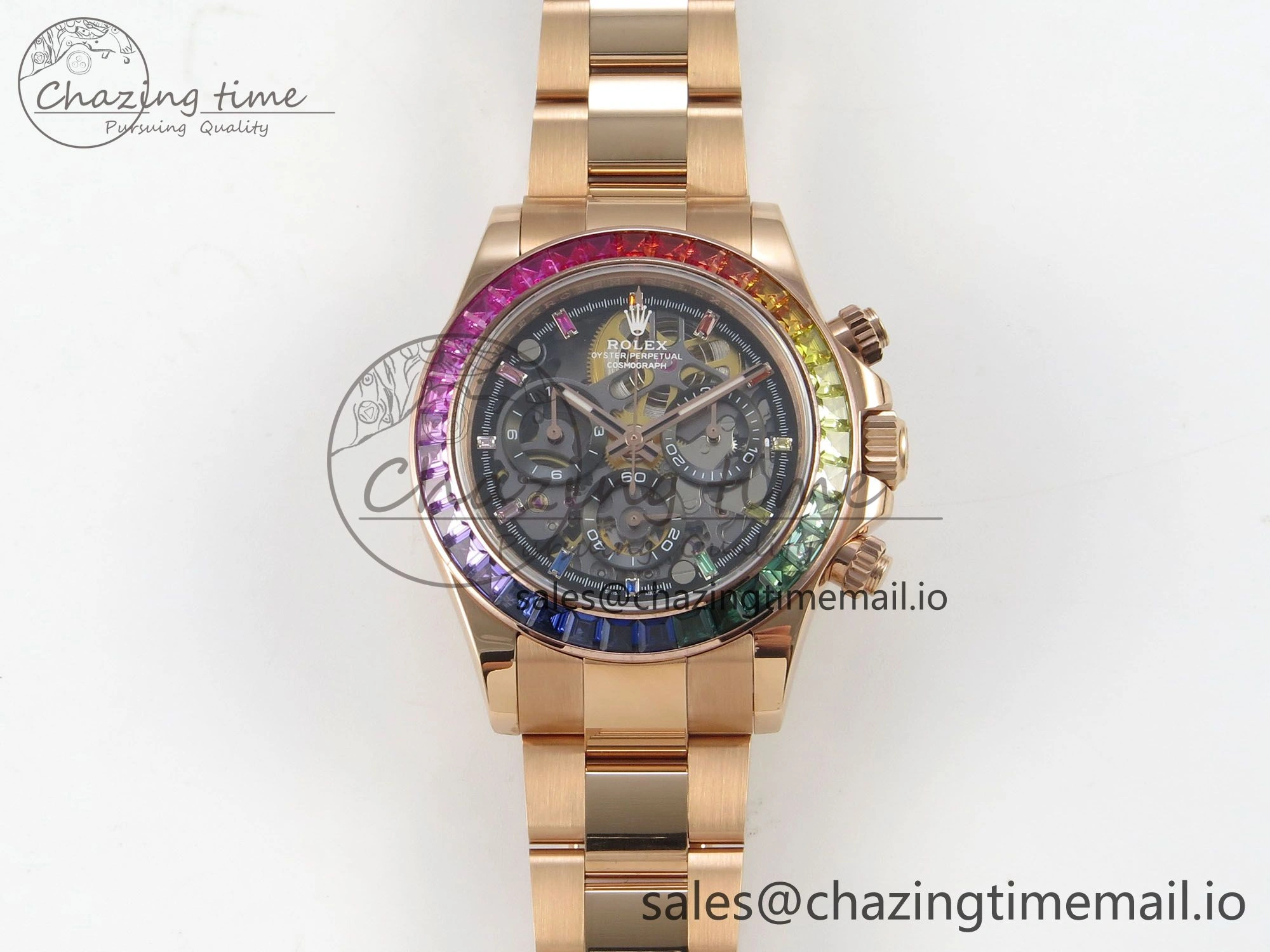 Supportive Custom Modded Daytona 40mm MPF Skeleton Dial Rainbow Crystals Bezel on RG Bracelet SA 311