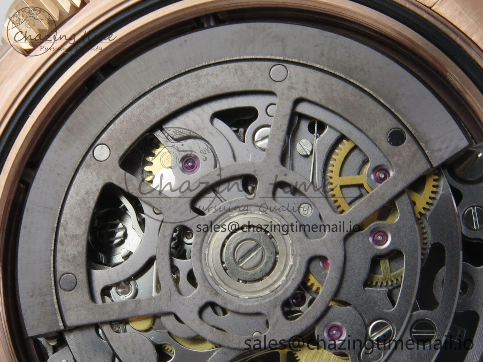 Supportive Custom Modded Daytona 40mm MPF Skeleton Dial Rainbow Crystals Bezel on RG Bracelet SA 311