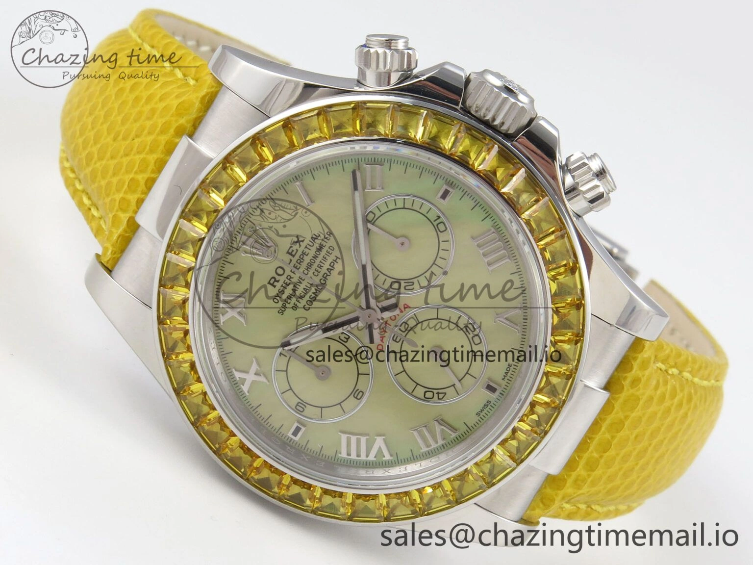 Custom Modded Daytona 40mm MPF Yellow Dial Diamonds Bezel on Yellow Leather Strap SA EasyMatch 321