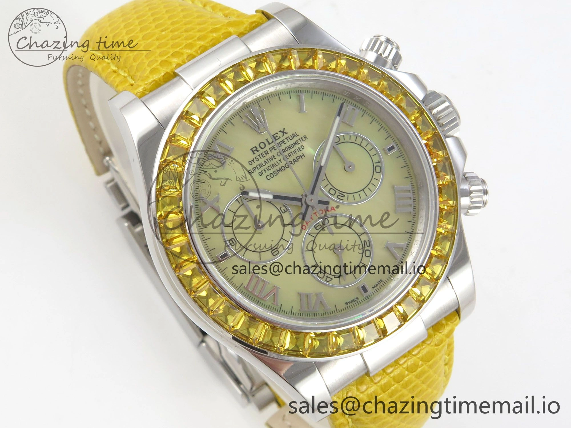 Custom Modded Daytona 40mm MPF Yellow Dial Diamonds Bezel on Yellow Leather Strap SA EasyMatch 321