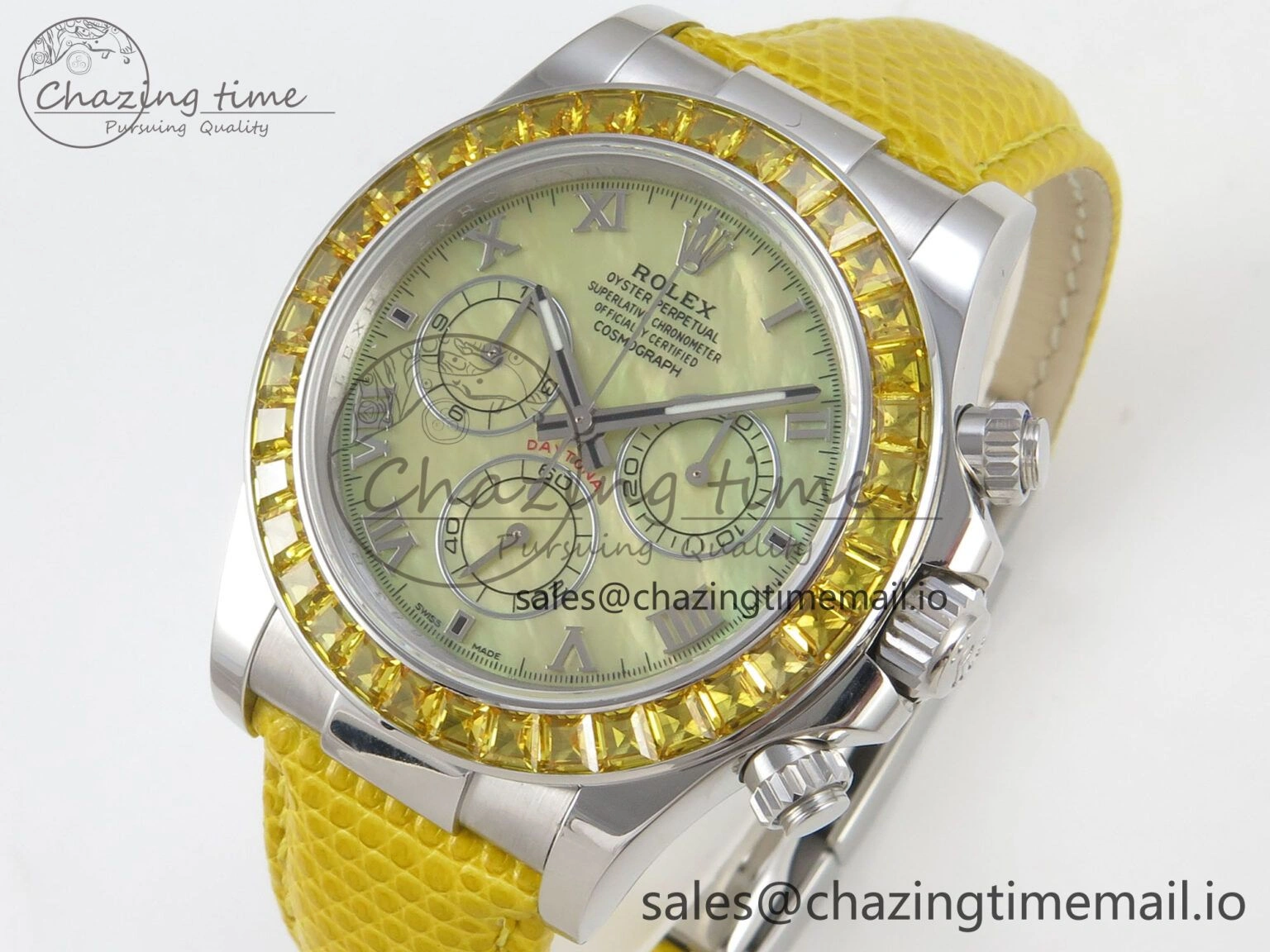 Custom Modded Daytona 40mm MPF Yellow Dial Diamonds Bezel on Yellow Leather Strap SA EasyMatch 321