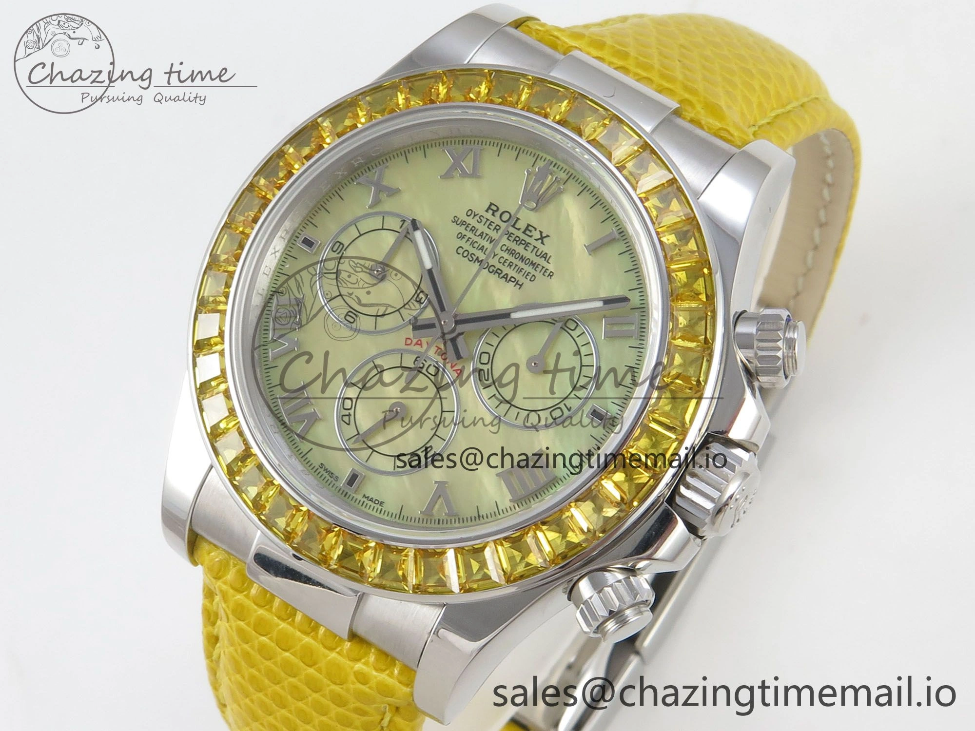 Custom Modded Daytona 40mm MPF Yellow Dial Diamonds Bezel on Yellow Leather Strap SA EasyMatch 321