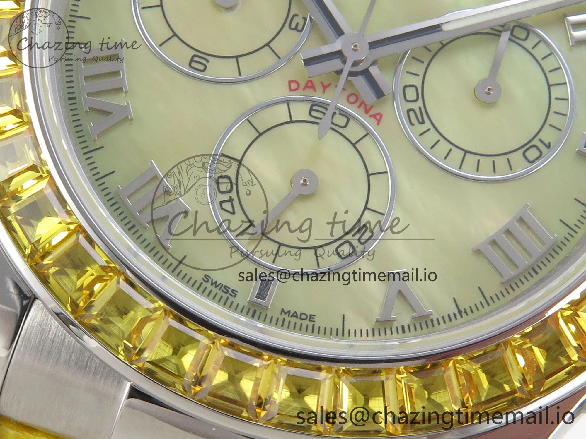 Custom Modded Daytona 40mm MPF Yellow Dial Diamonds Bezel on Yellow Leather Strap SA EasyMatch 321