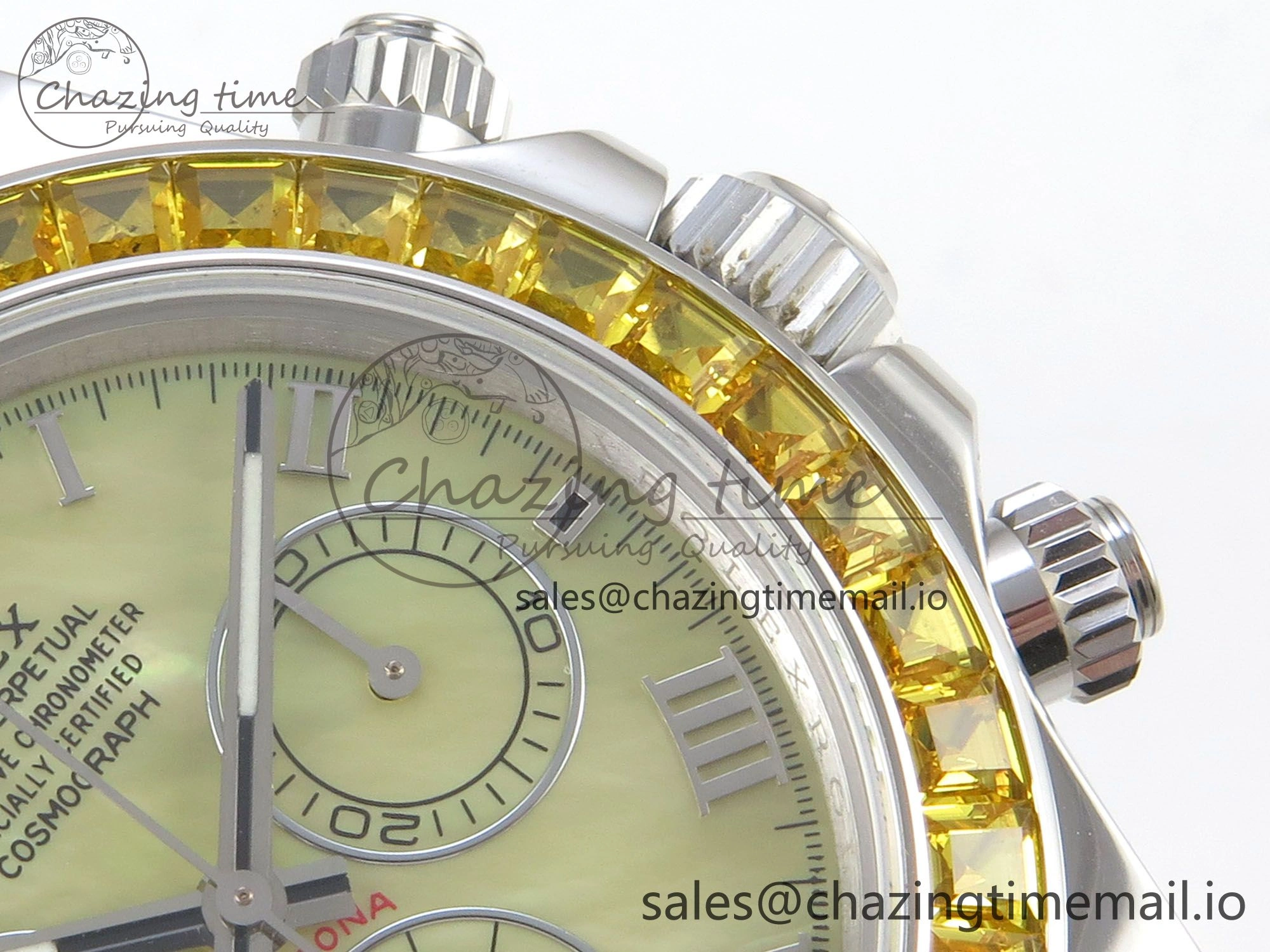 Custom Modded Daytona 40mm MPF Yellow Dial Diamonds Bezel on Yellow Leather Strap SA EasyMatch 321