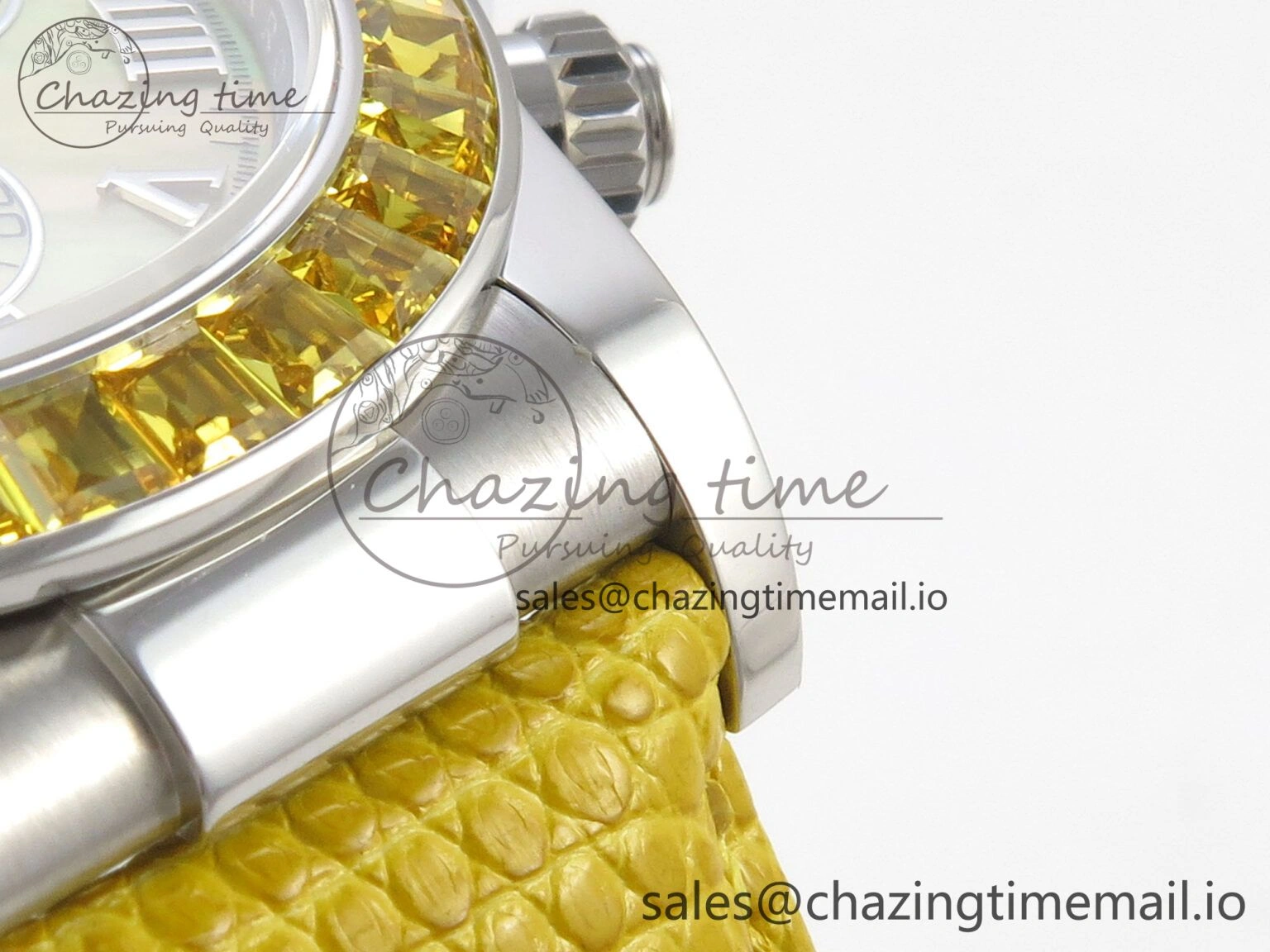 Custom Modded Daytona 40mm MPF Yellow Dial Diamonds Bezel on Yellow Leather Strap SA EasyMatch 321