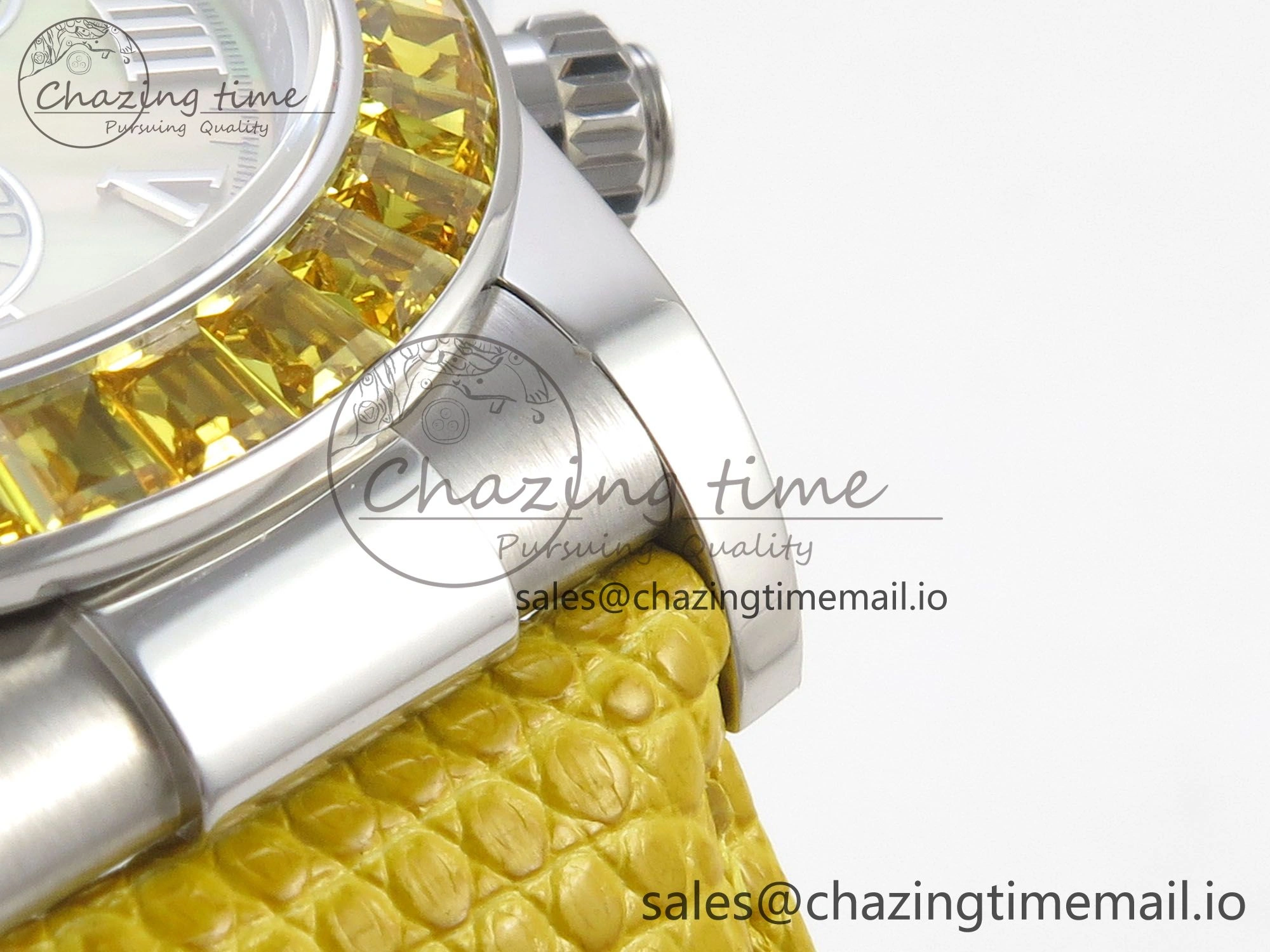 Custom Modded Daytona 40mm MPF Yellow Dial Diamonds Bezel on Yellow Leather Strap SA EasyMatch 321