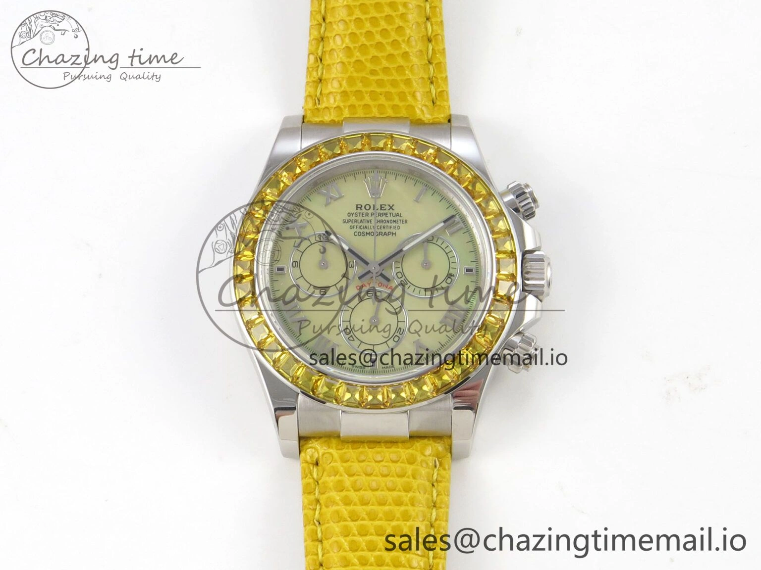 Custom Modded Daytona 40mm MPF Yellow Dial Diamonds Bezel on Yellow Leather Strap SA EasyMatch 321