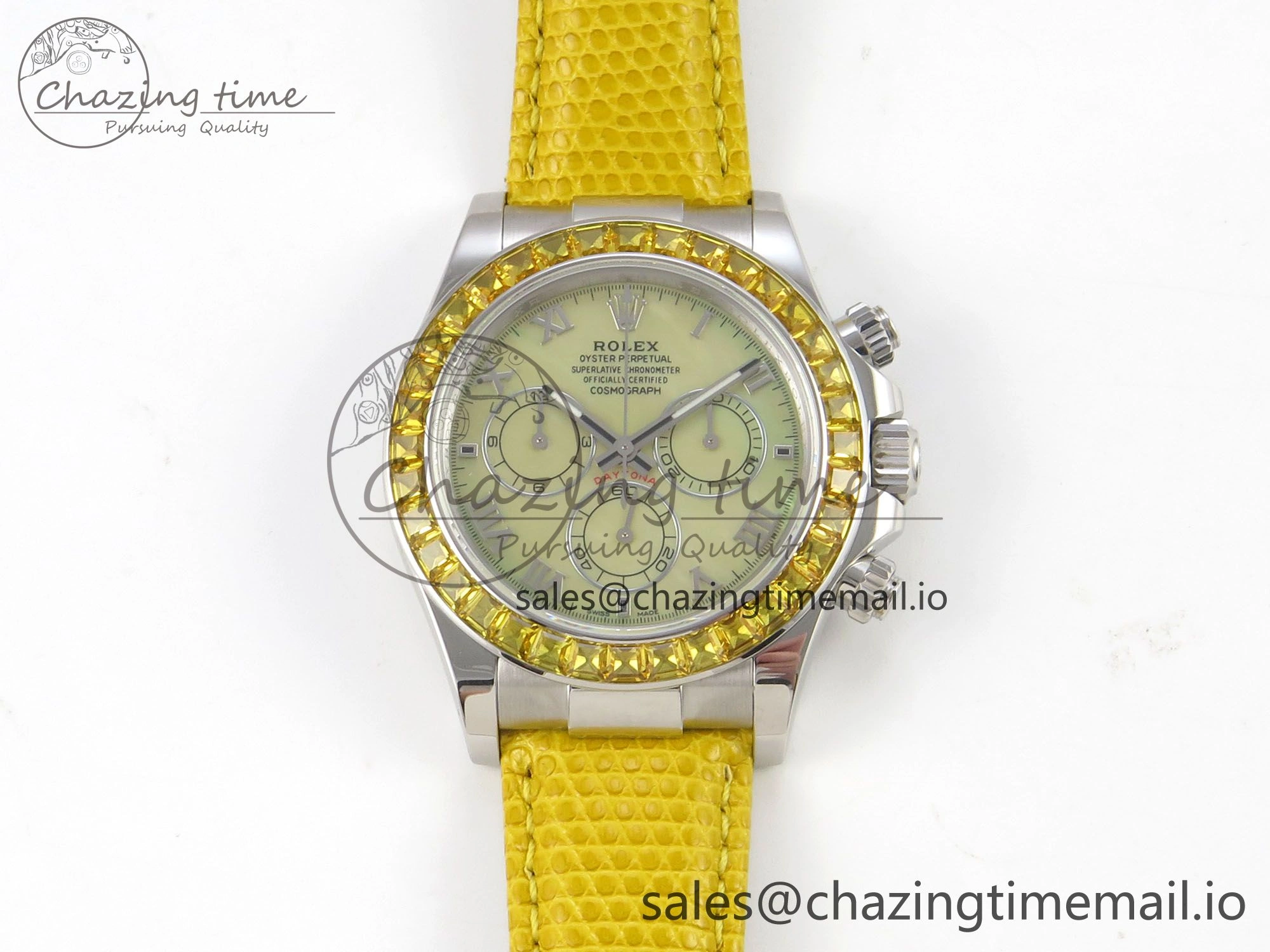 Custom Modded Daytona 40mm MPF Yellow Dial Diamonds Bezel on Yellow Leather Strap SA EasyMatch 321
