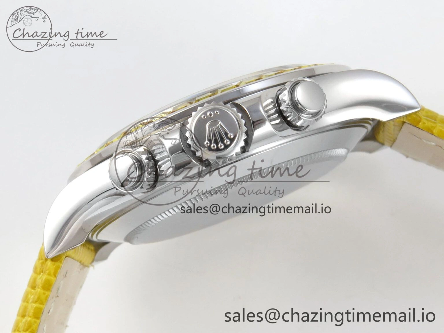 Custom Modded Daytona 40mm MPF Yellow Dial Diamonds Bezel on Yellow Leather Strap SA EasyMatch 321