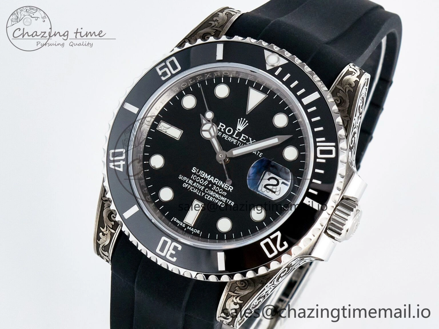 UrbanChic Custom Modded Submariner 40mm Black Ceramic Bezel on Black Rubber Strap 904L Steel MPF SH 10840