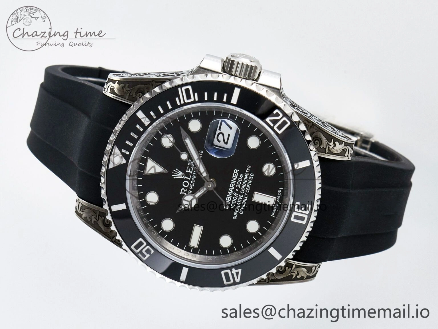 UrbanChic Custom Modded Submariner 40mm Black Ceramic Bezel on Black Rubber Strap 904L Steel MPF SH 10840