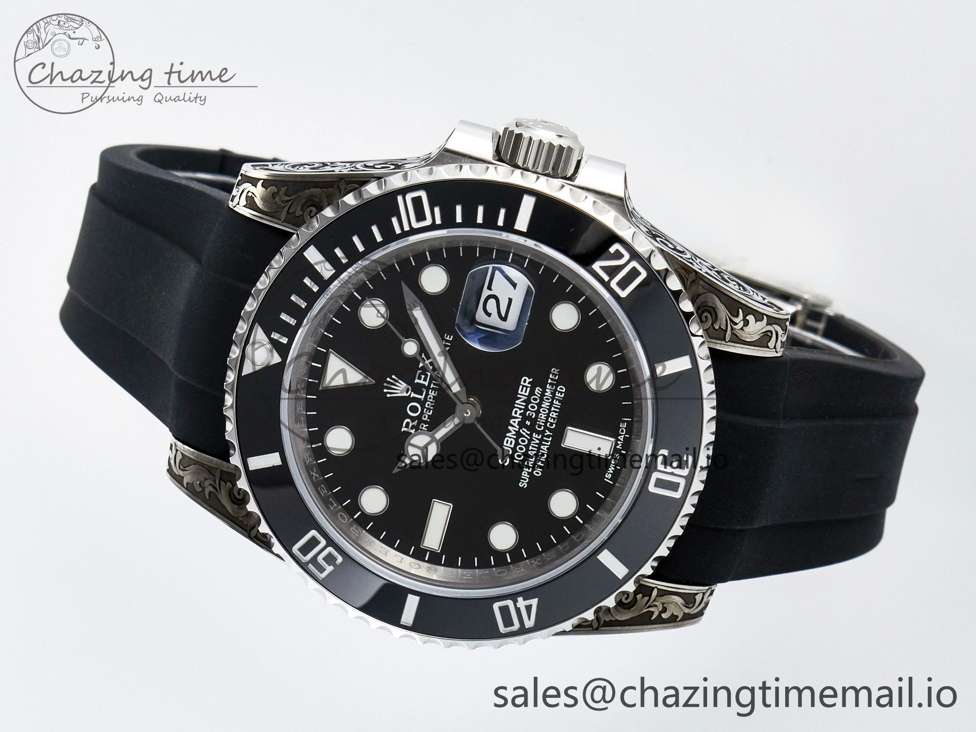 UrbanChic Custom Modded Submariner 40mm Black Ceramic Bezel on Black Rubber Strap 904L Steel MPF SH 10840