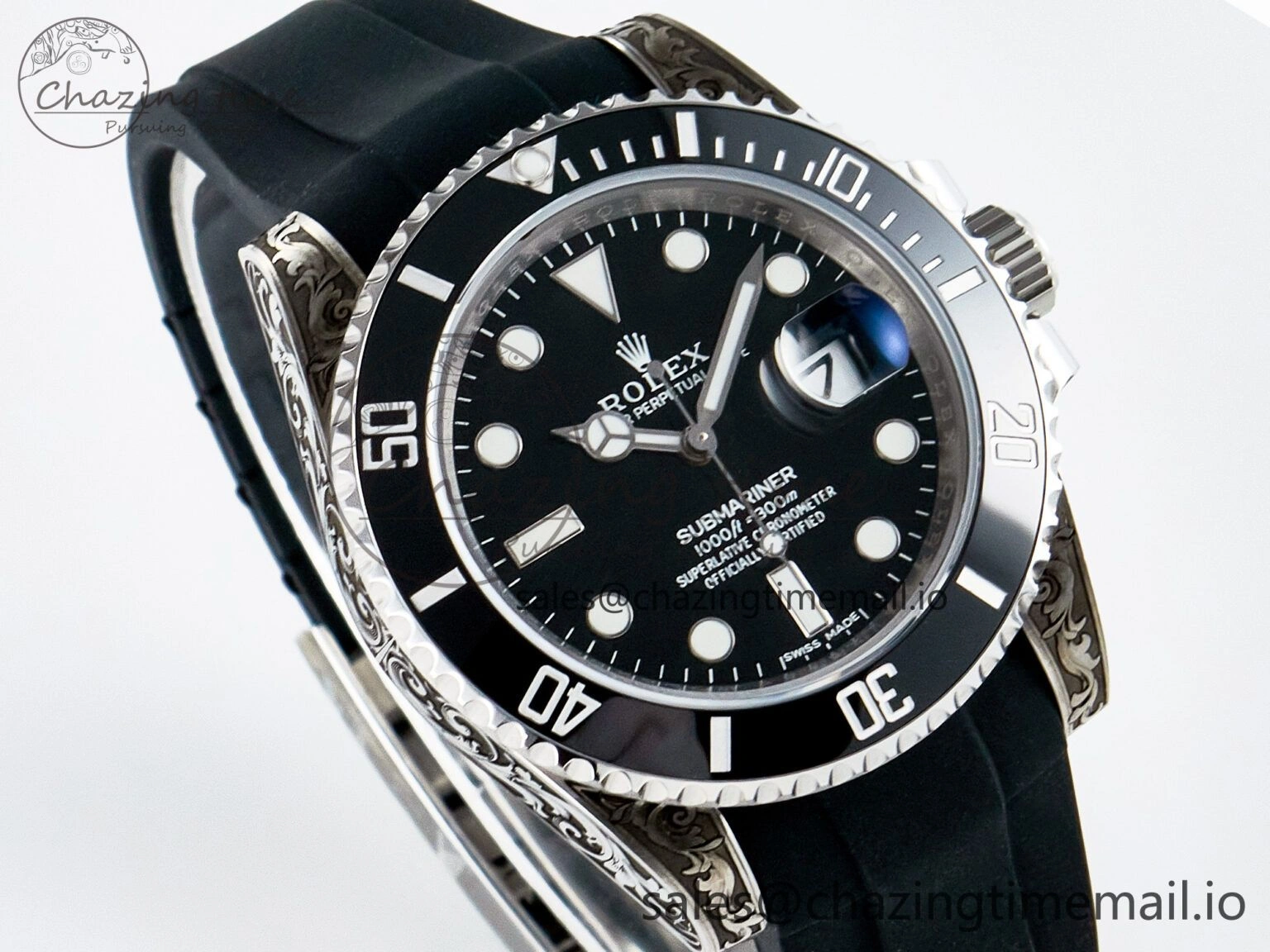 UrbanChic Custom Modded Submariner 40mm Black Ceramic Bezel on Black Rubber Strap 904L Steel MPF SH 10840