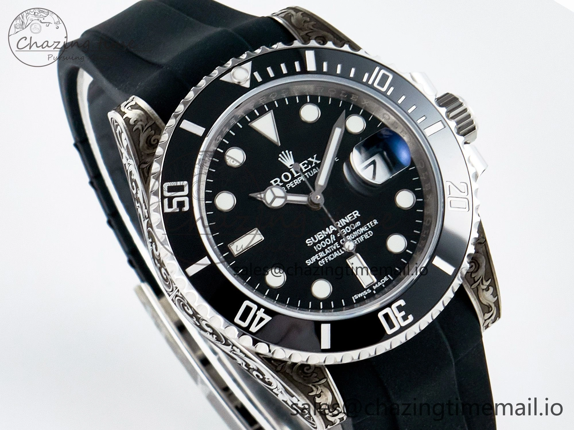 UrbanChic Custom Modded Submariner 40mm Black Ceramic Bezel on Black Rubber Strap 904L Steel MPF SH 10840