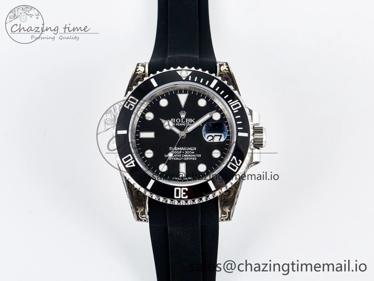 UrbanChic Custom Modded Submariner 40mm Black Ceramic Bezel on Black Rubber Strap 904L Steel MPF SH 10840