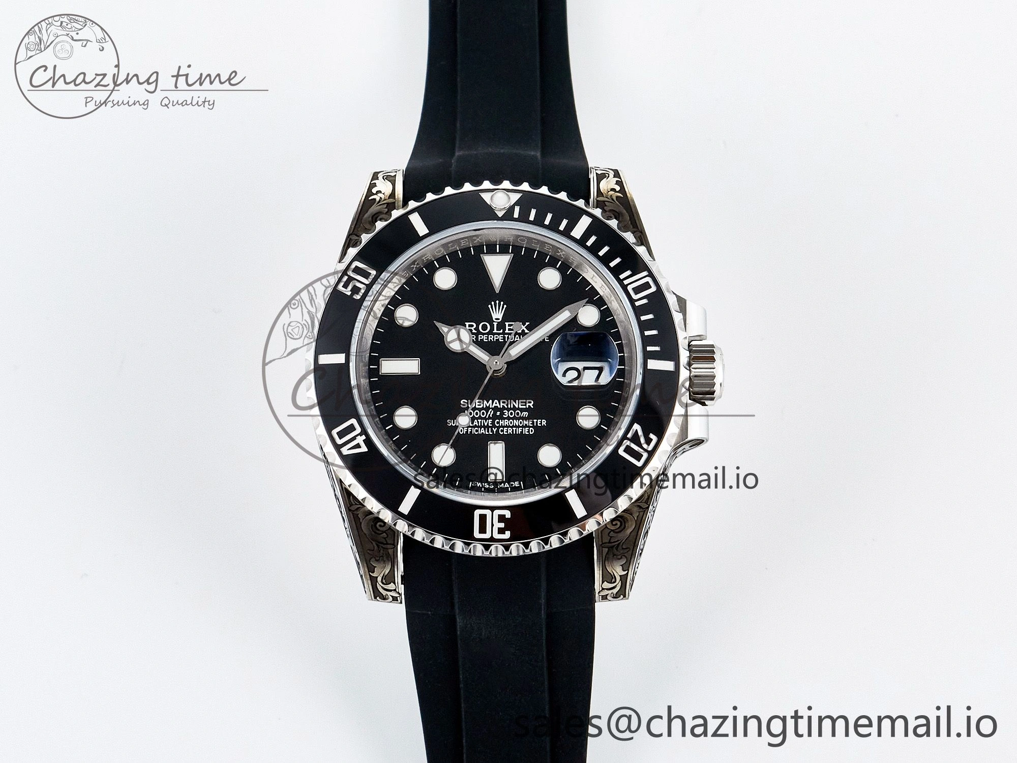 UrbanChic Custom Modded Submariner 40mm Black Ceramic Bezel on Black Rubber Strap 904L Steel MPF SH 10840