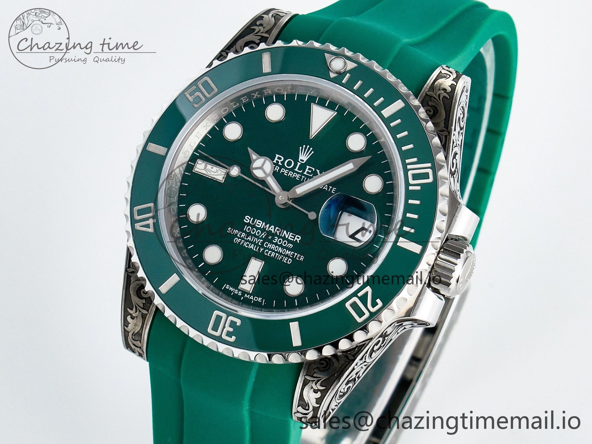 Custom Modded Submariner 40mm Green Ceramic Bezel on Green Rubber Strap 904L Steel MPF SH MultiPurpose 10839