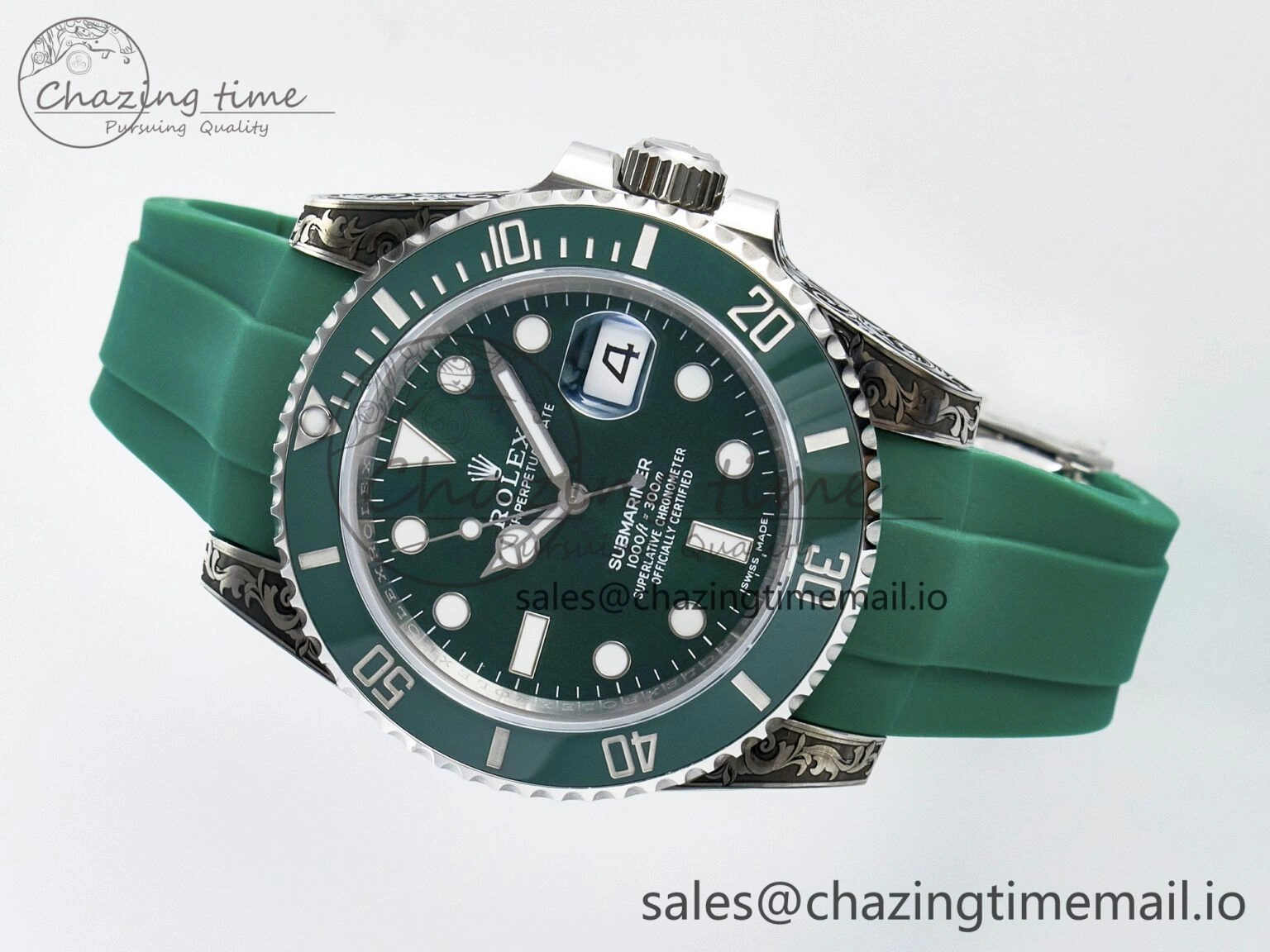 Custom Modded Submariner 40mm Green Ceramic Bezel on Green Rubber Strap 904L Steel MPF SH MultiPurpose 10839