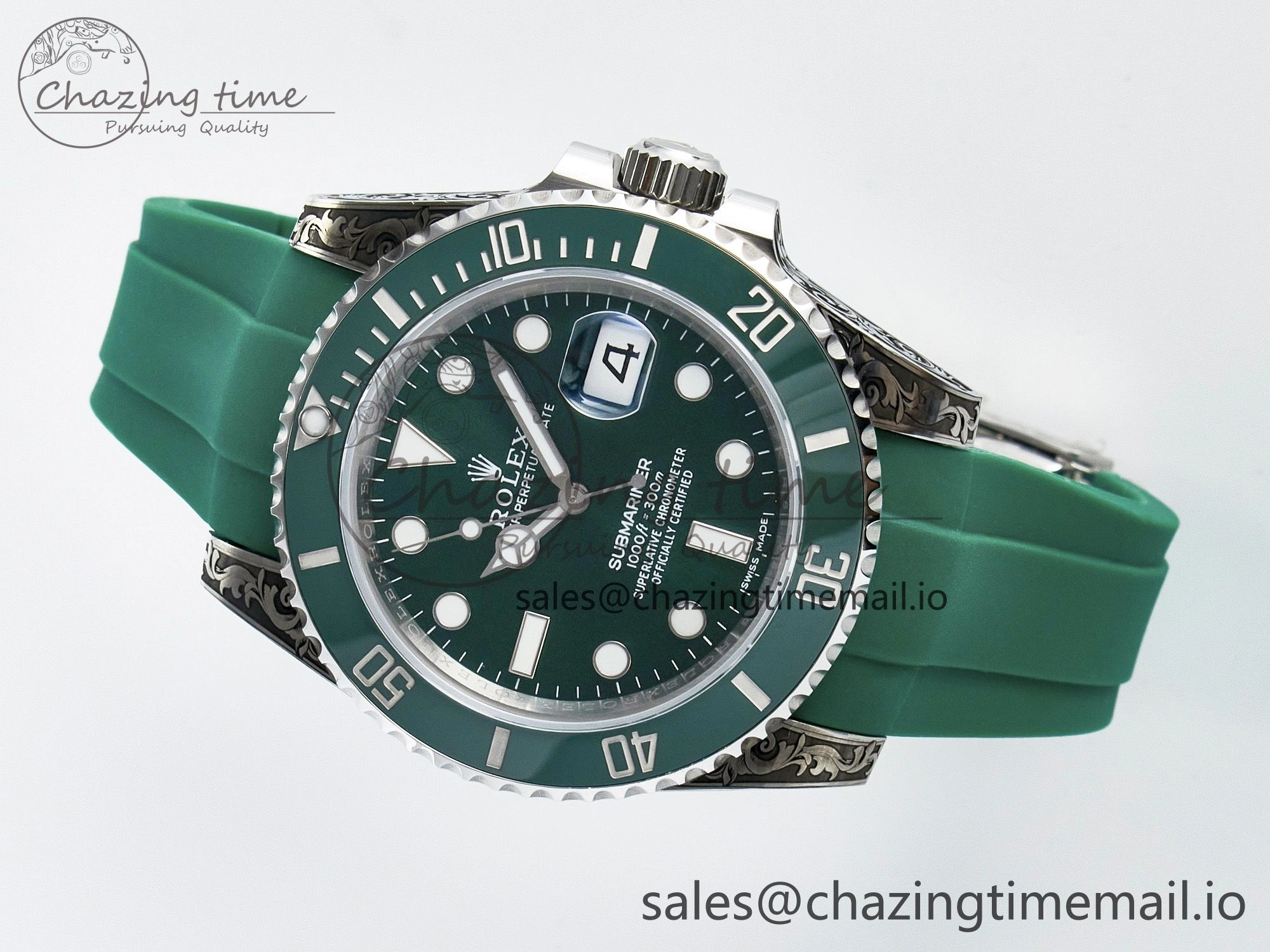 Custom Modded Submariner 40mm Green Ceramic Bezel on Green Rubber Strap 904L Steel MPF SH MultiPurpose 10839