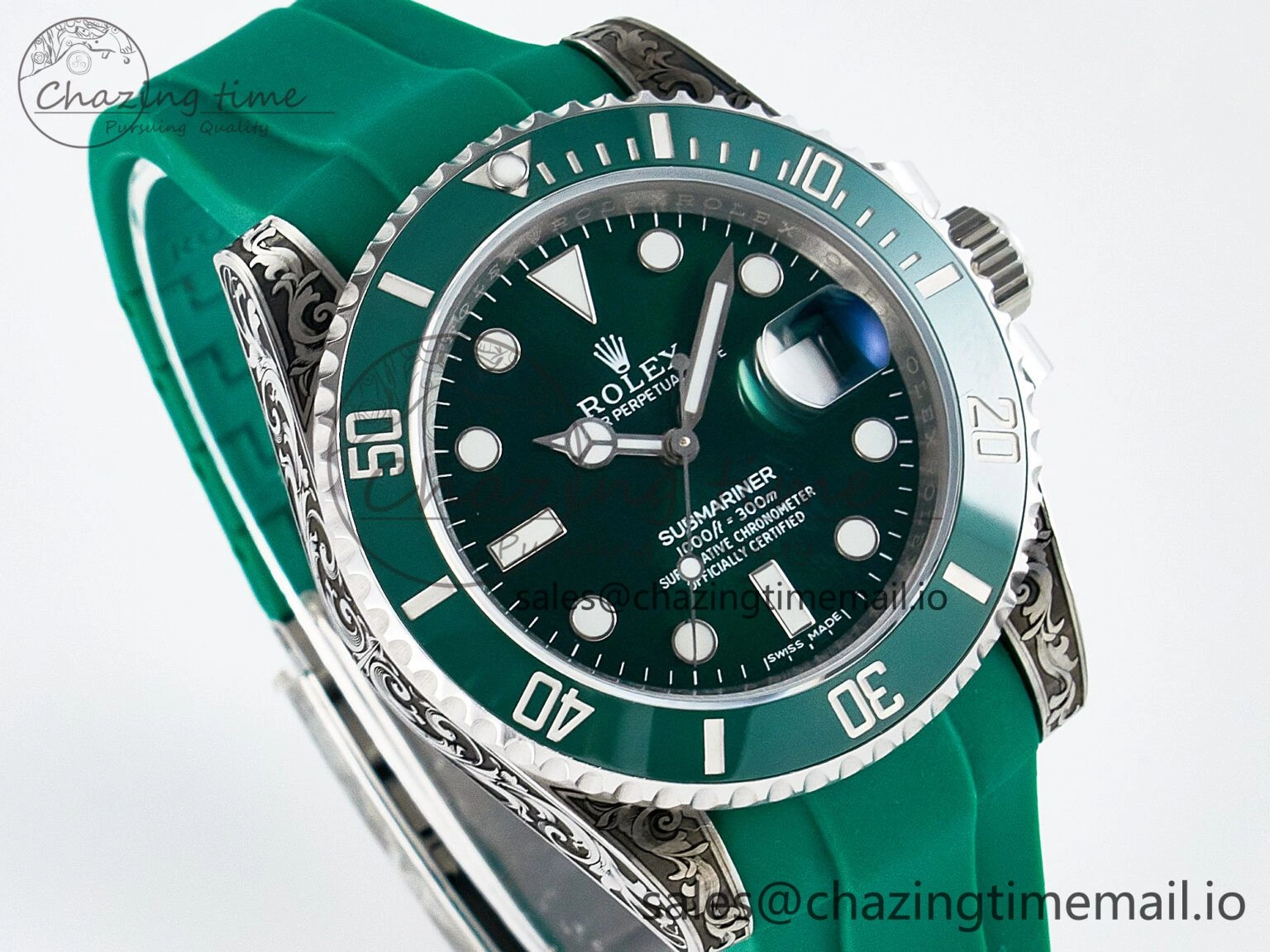 Custom Modded Submariner 40mm Green Ceramic Bezel on Green Rubber Strap 904L Steel MPF SH MultiPurpose 10839