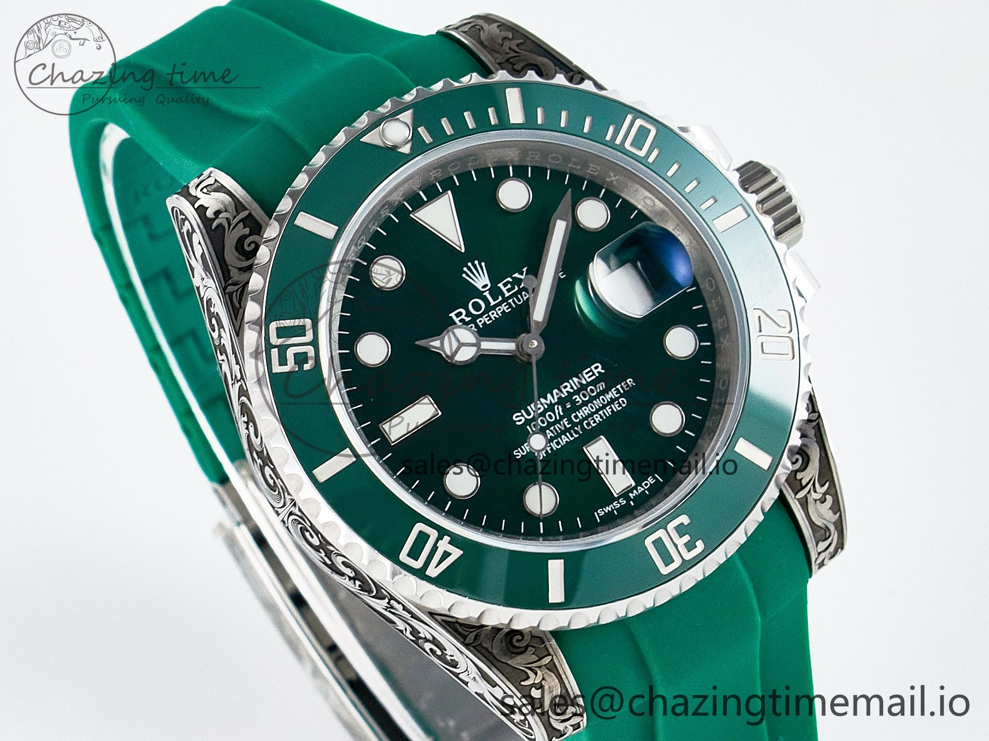 Custom Modded Submariner 40mm Green Ceramic Bezel on Green Rubber Strap 904L Steel MPF SH MultiPurpose 10839