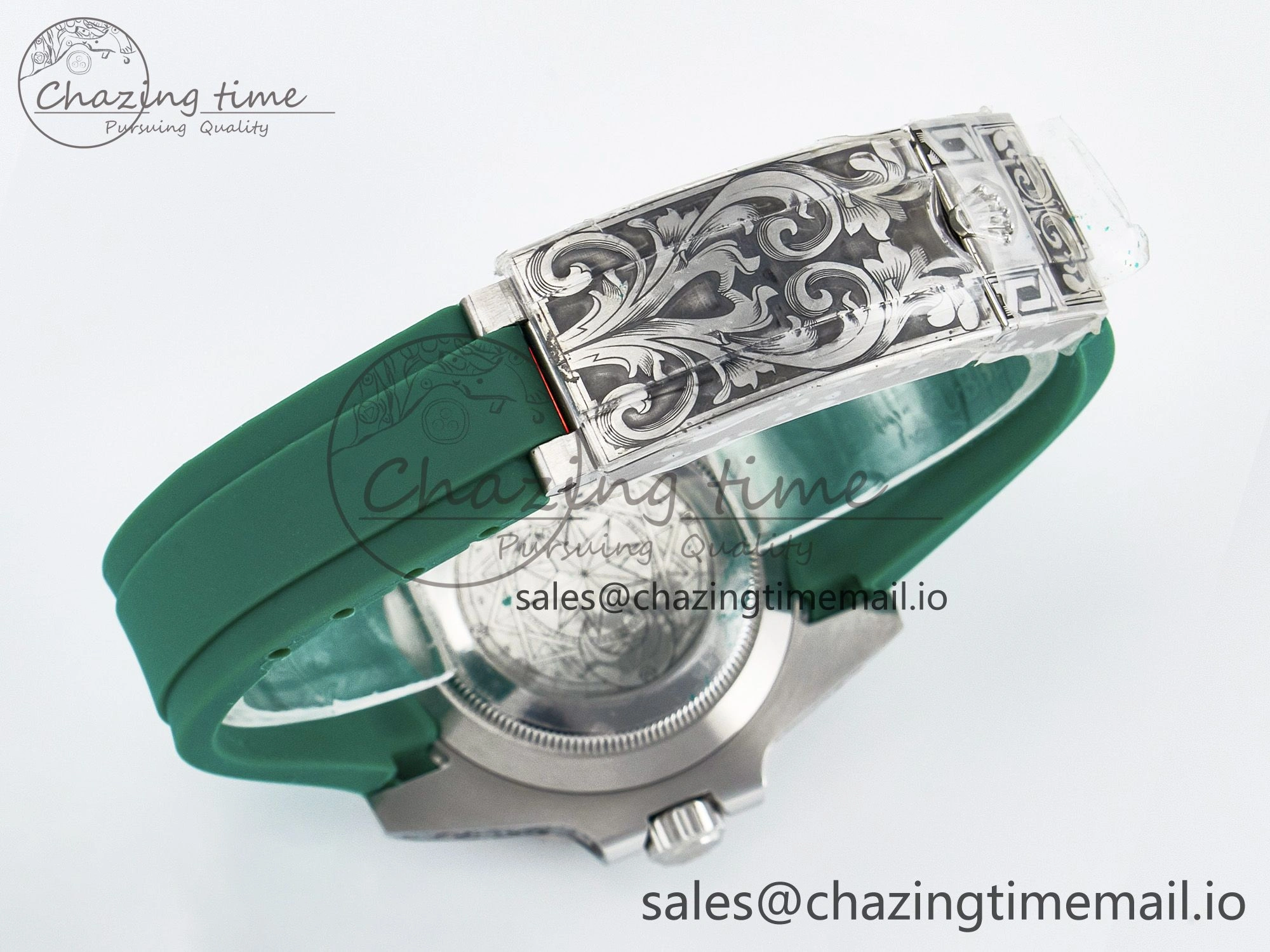 Custom Modded Submariner 40mm Green Ceramic Bezel on Green Rubber Strap 904L Steel MPF SH MultiPurpose 10839