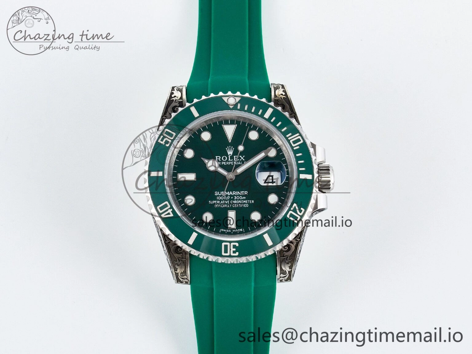 Custom Modded Submariner 40mm Green Ceramic Bezel on Green Rubber Strap 904L Steel MPF SH MultiPurpose 10839