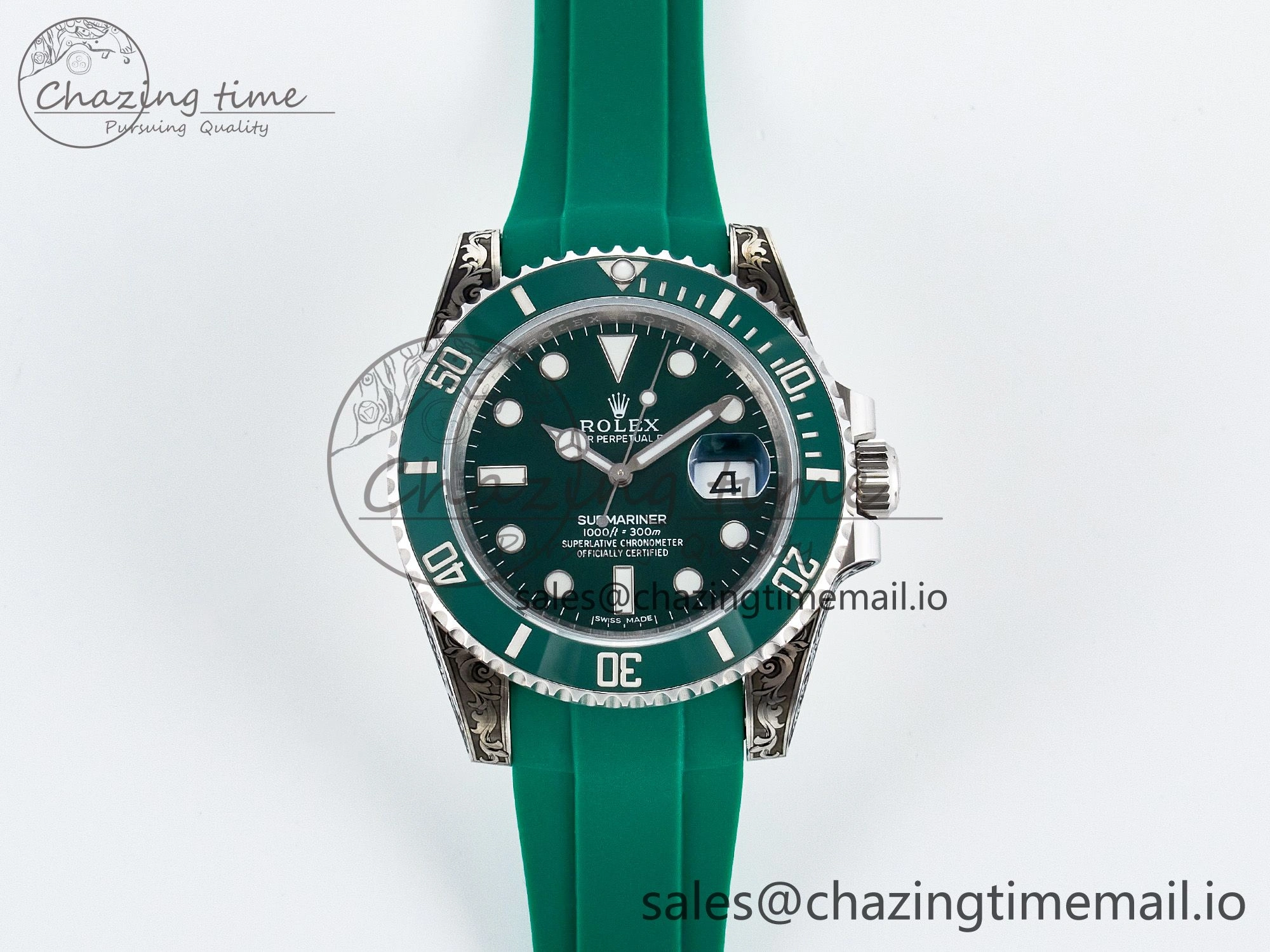 Custom Modded Submariner 40mm Green Ceramic Bezel on Green Rubber Strap 904L Steel MPF SH MultiPurpose 10839