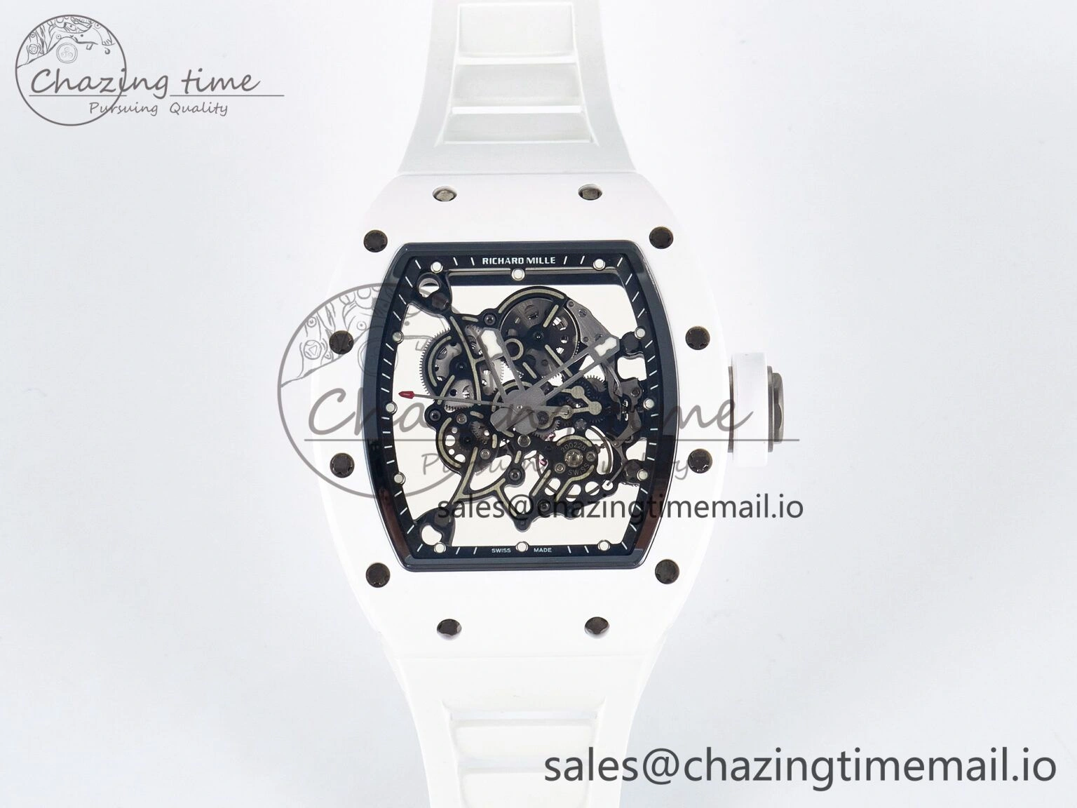 Snug Custom RM055 White Ceramic APSF 1:1 Best Edition Black Bezel White Crown on Rubber Strap Custom Vaucher Movement 10828