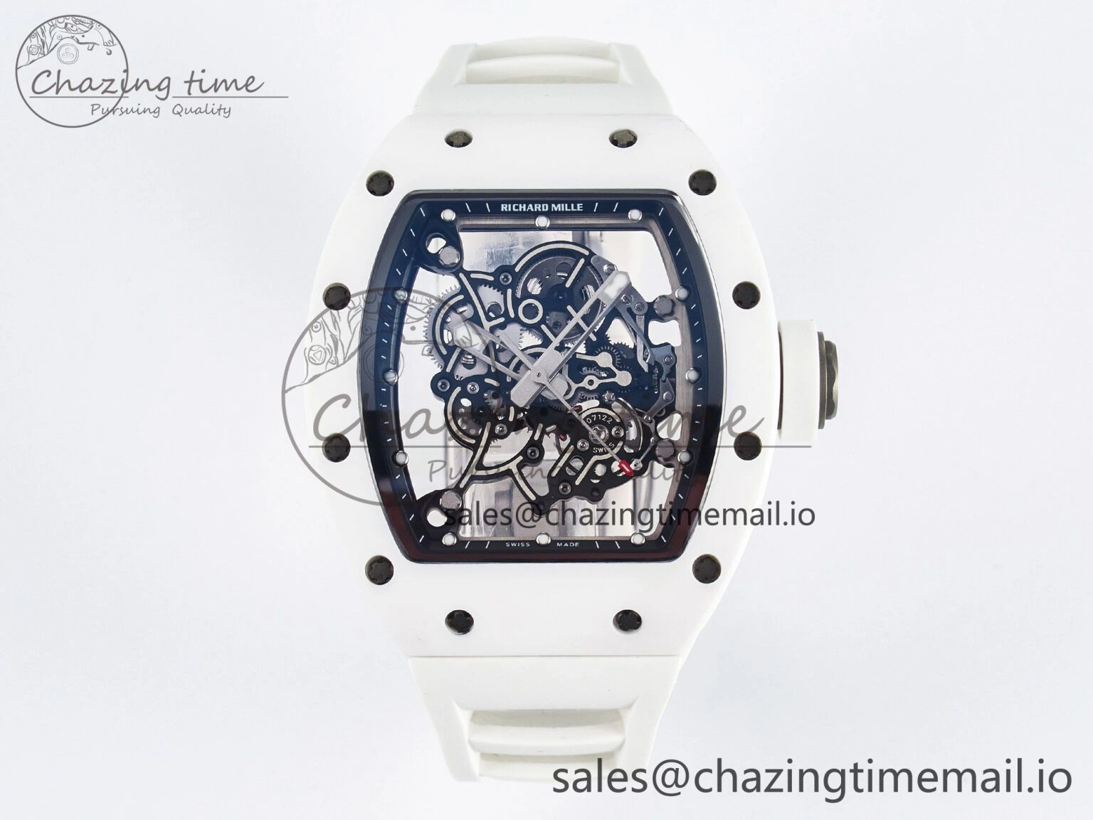 ZipUp Custom RM055 White Ceramic PPMF 1:1 Best Edition Black Bezel White Crown on Rubber Strap Custom Vaucher Movement 10846