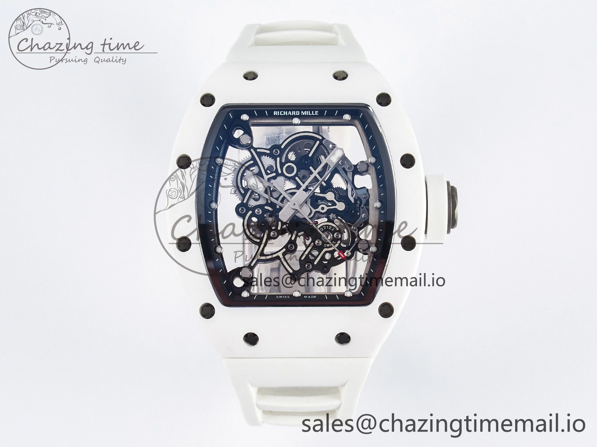 Unique Custom RM055 White Ceramic PPMF 1:1 Best Edition Black Bezel White Crown on Rubber Strap Custom Vaucher Movement 9267