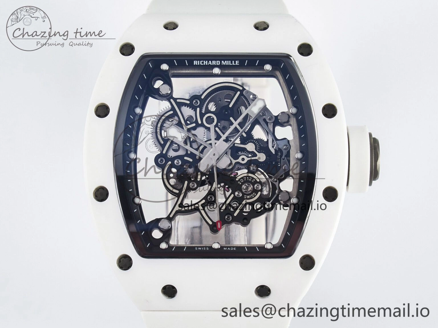 Unique Custom RM055 White Ceramic PPMF 1:1 Best Edition Black Bezel White Crown on Rubber Strap Custom Vaucher Movement 9267