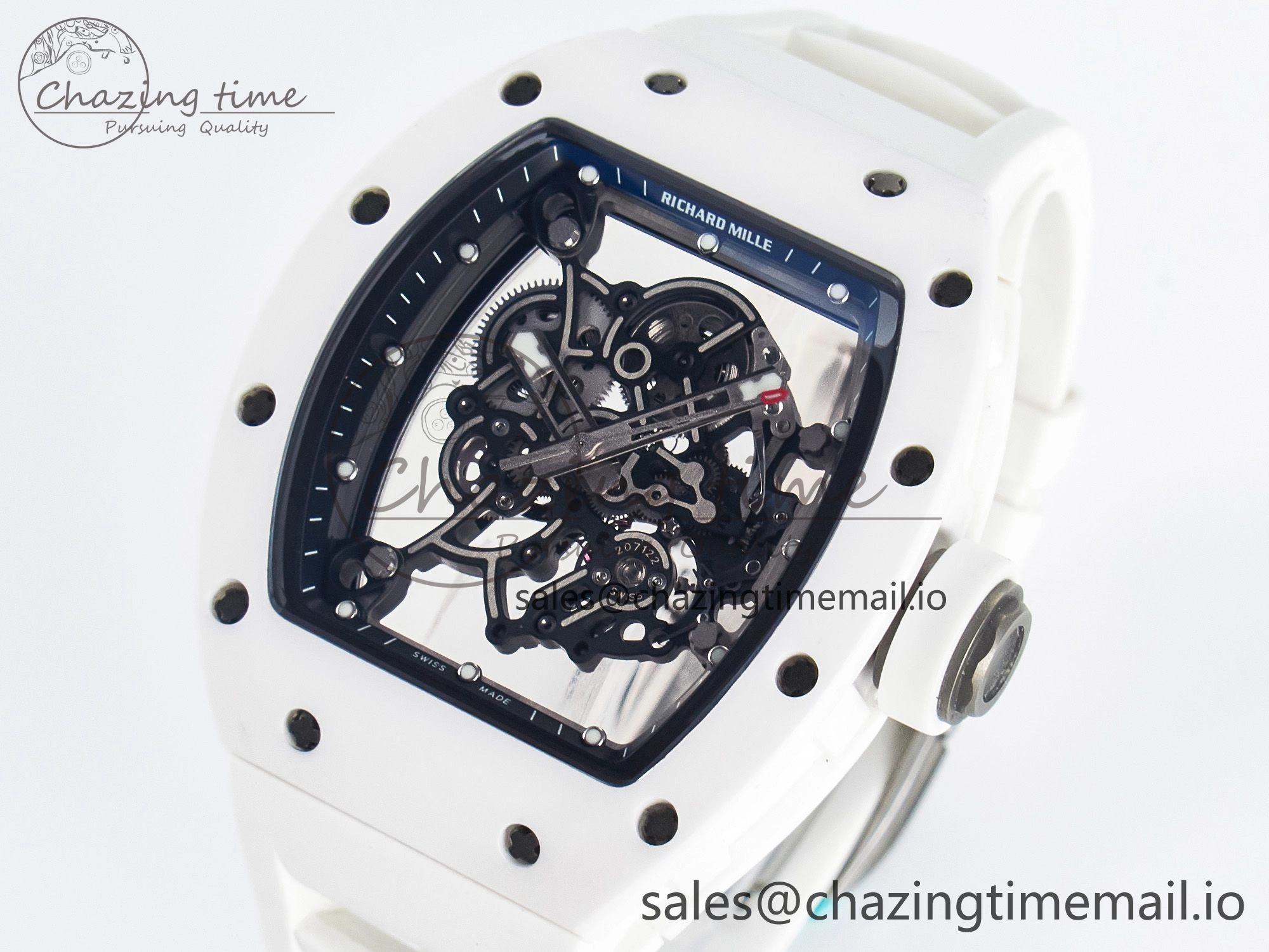 Unique Custom RM055 White Ceramic PPMF 1:1 Best Edition Black Bezel White Crown on Rubber Strap Custom Vaucher Movement 9267