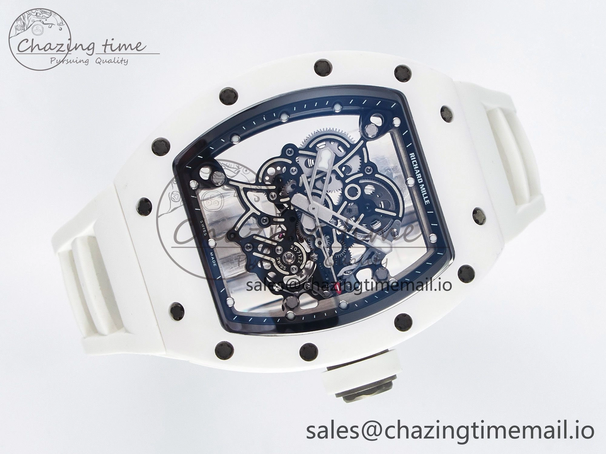 Unique Custom RM055 White Ceramic PPMF 1:1 Best Edition Black Bezel White Crown on Rubber Strap Custom Vaucher Movement 9267