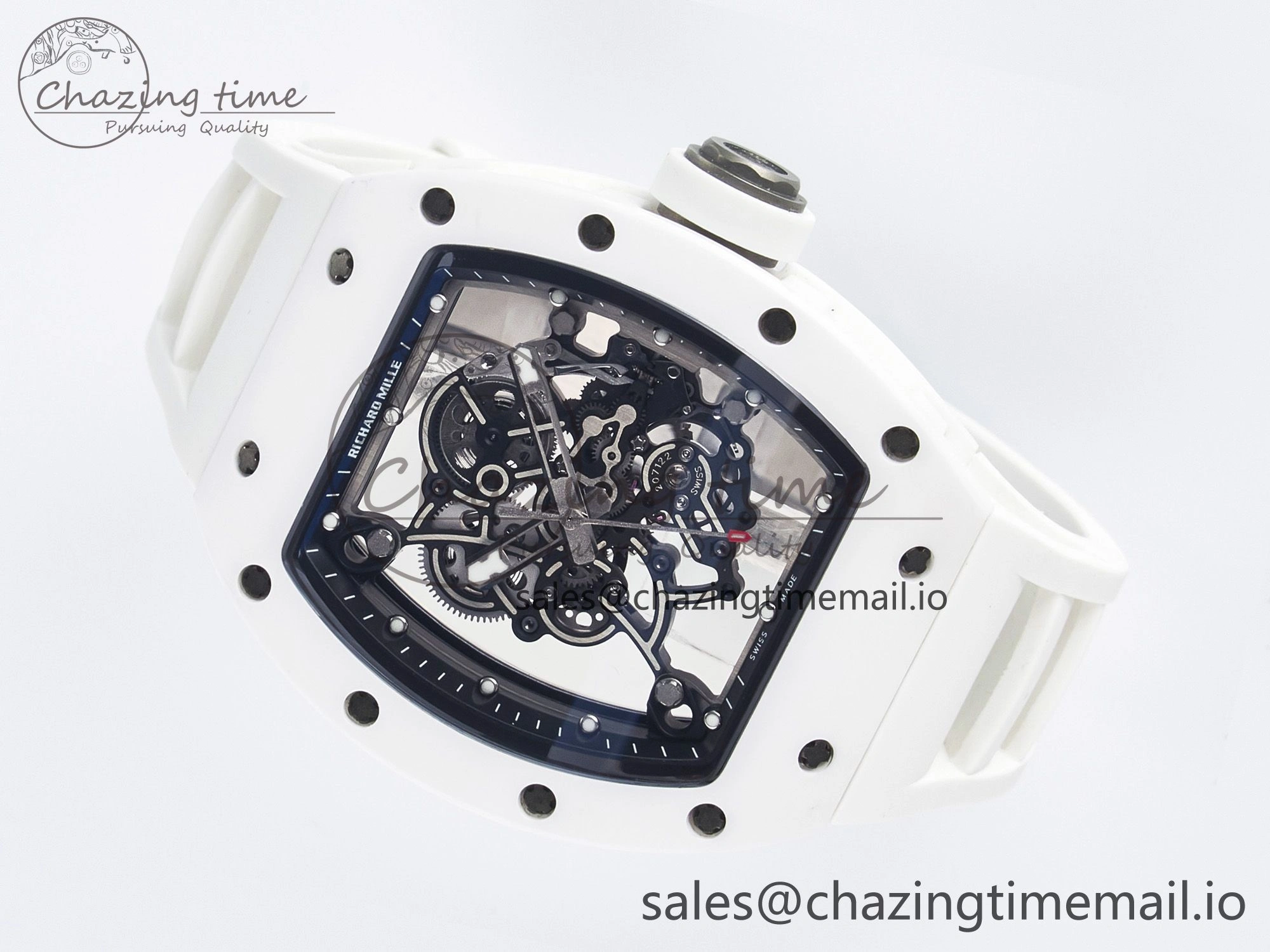 Unique Custom RM055 White Ceramic PPMF 1:1 Best Edition Black Bezel White Crown on Rubber Strap Custom Vaucher Movement 9267