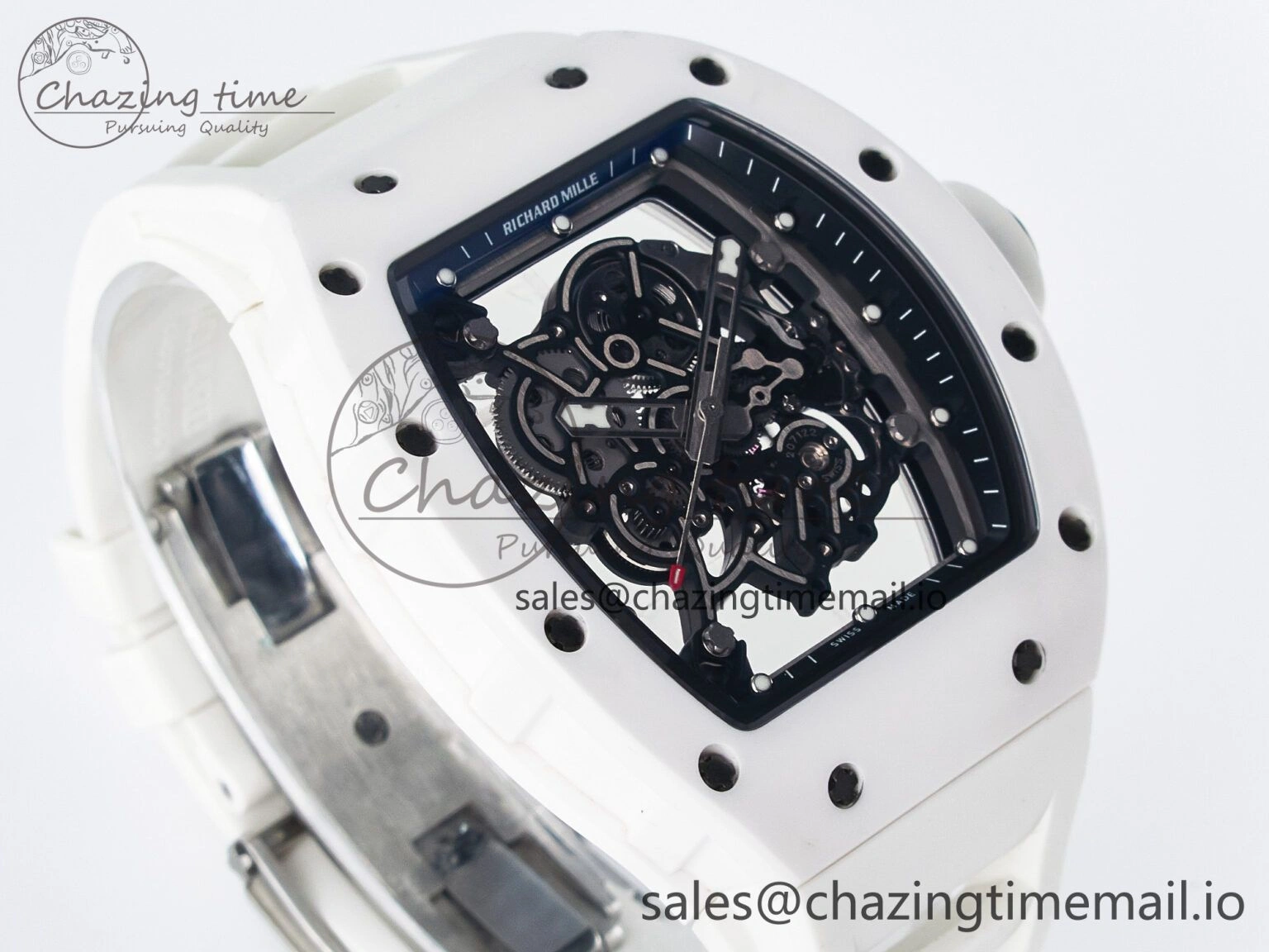 Unique Custom RM055 White Ceramic PPMF 1:1 Best Edition Black Bezel White Crown on Rubber Strap Custom Vaucher Movement 9267