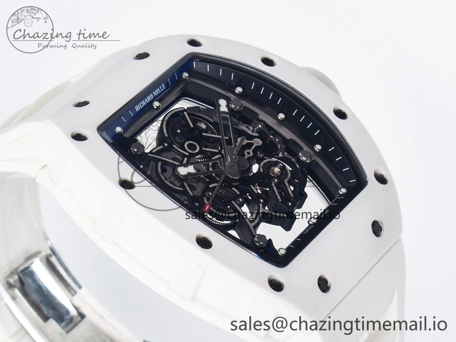 Unique Custom RM055 White Ceramic PPMF 1:1 Best Edition Black Bezel White Crown on Rubber Strap Custom Vaucher Movement 9267