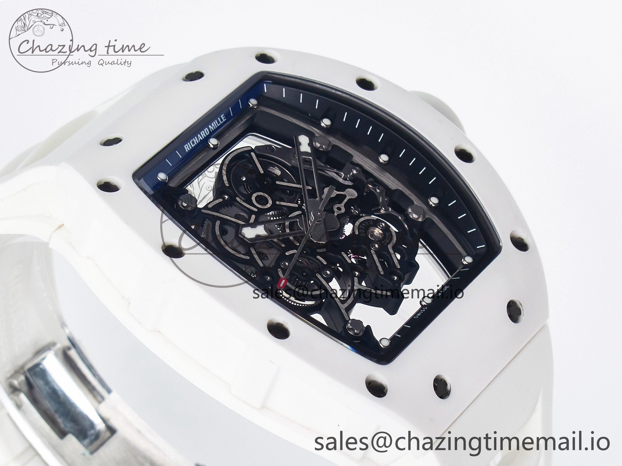 Unique Custom RM055 White Ceramic PPMF 1:1 Best Edition Black Bezel White Crown on Rubber Strap Custom Vaucher Movement 9267