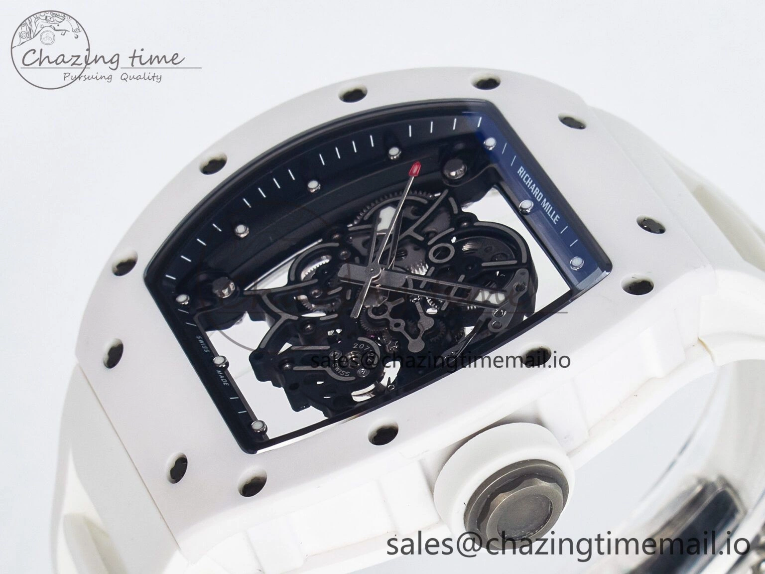Unique Custom RM055 White Ceramic PPMF 1:1 Best Edition Black Bezel White Crown on Rubber Strap Custom Vaucher Movement 9267